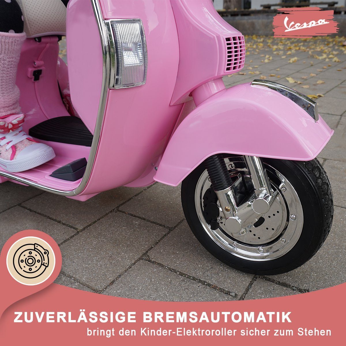 Actionbikes Motors Elektro-Kinderroller Kinder Elektroroller Piaggio Vespa PX150 Kindermotorrad, Belastbarkeit 35 kg, (2-tlg), Kinder Elektro Roller - Stützräder - Bremsautomatik - 2x12 V Motoren