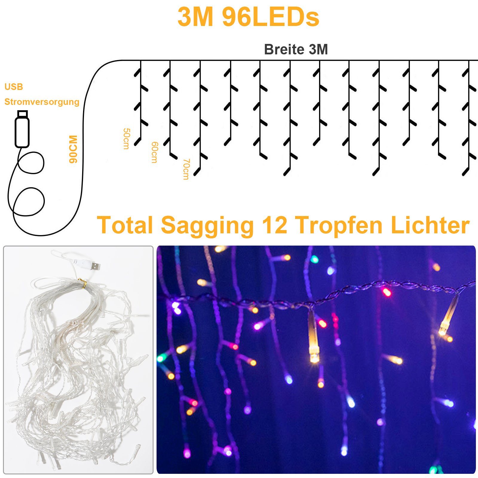 Rosnek LED-Lichtervorhang 3M, 96LEDs,12 Stränge, Wasserdicht, USB, für Wand günstig online kaufen