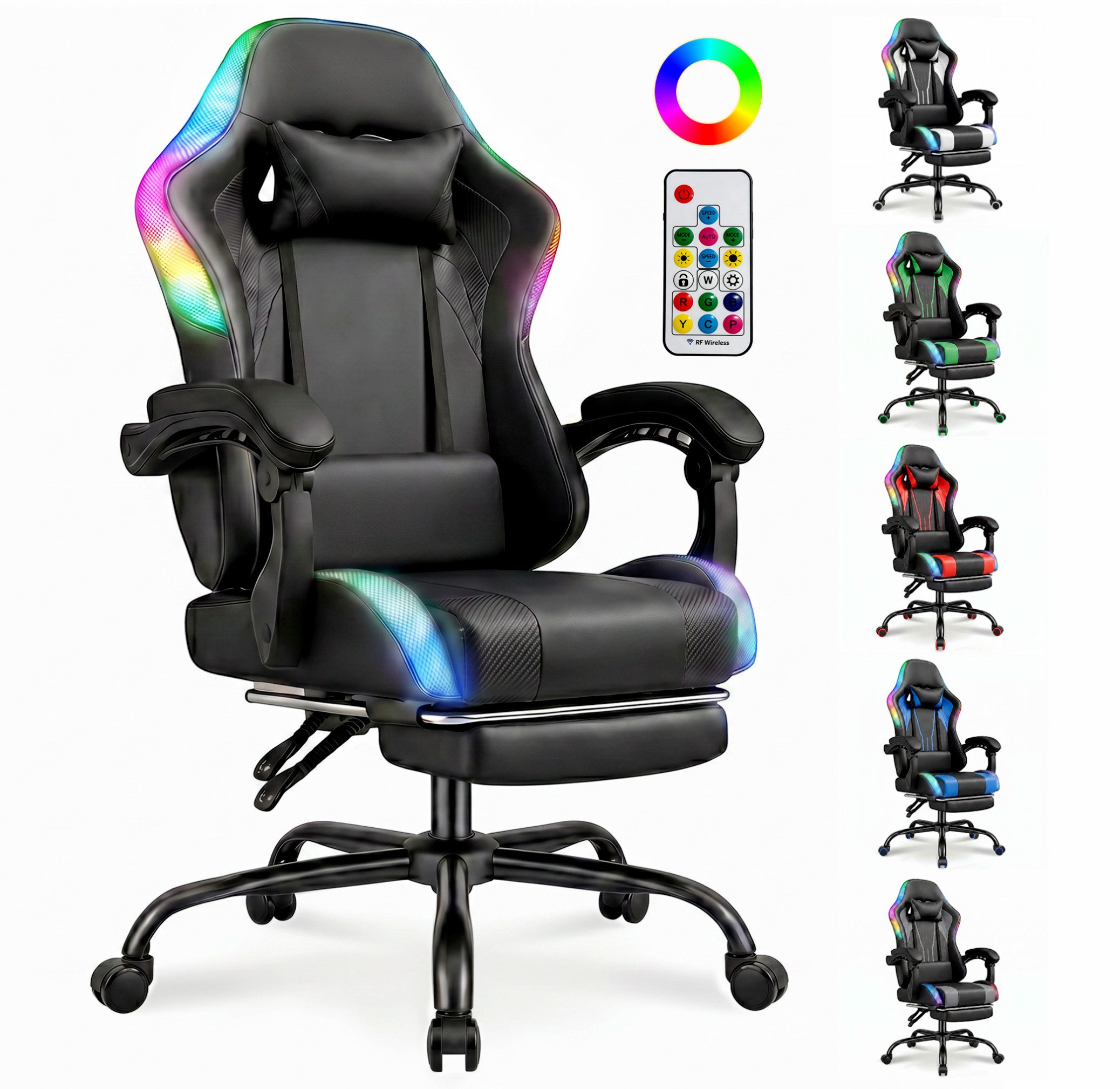 HOMALL Gaming-Stuhl mit LED,Ergonomisch,Fußstütze,computerstuhl,gaming stuhl mit massage, Ergonomischer Bürostuhl,Kopfstütze und Lendenstütze