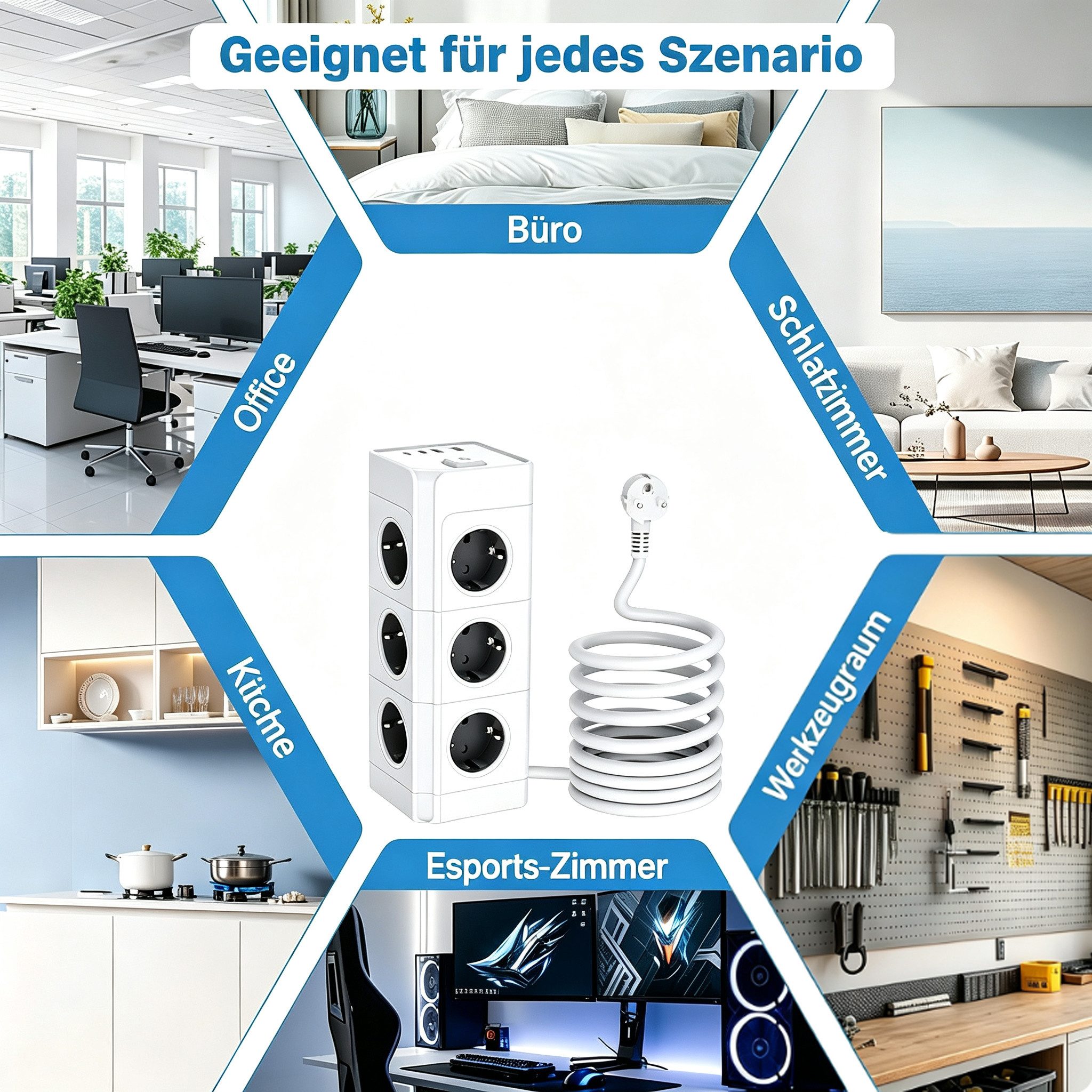 ibettertec 12 Fach Mehrfachsteckdose mit 4 USB Steckdosenturm Steckdosenleiste Steckdosenleiste 12-fach (Ein-/Ausschalter, USB-Anschlüsse, Schutzkontaktkupplung – Bild 5 von 5