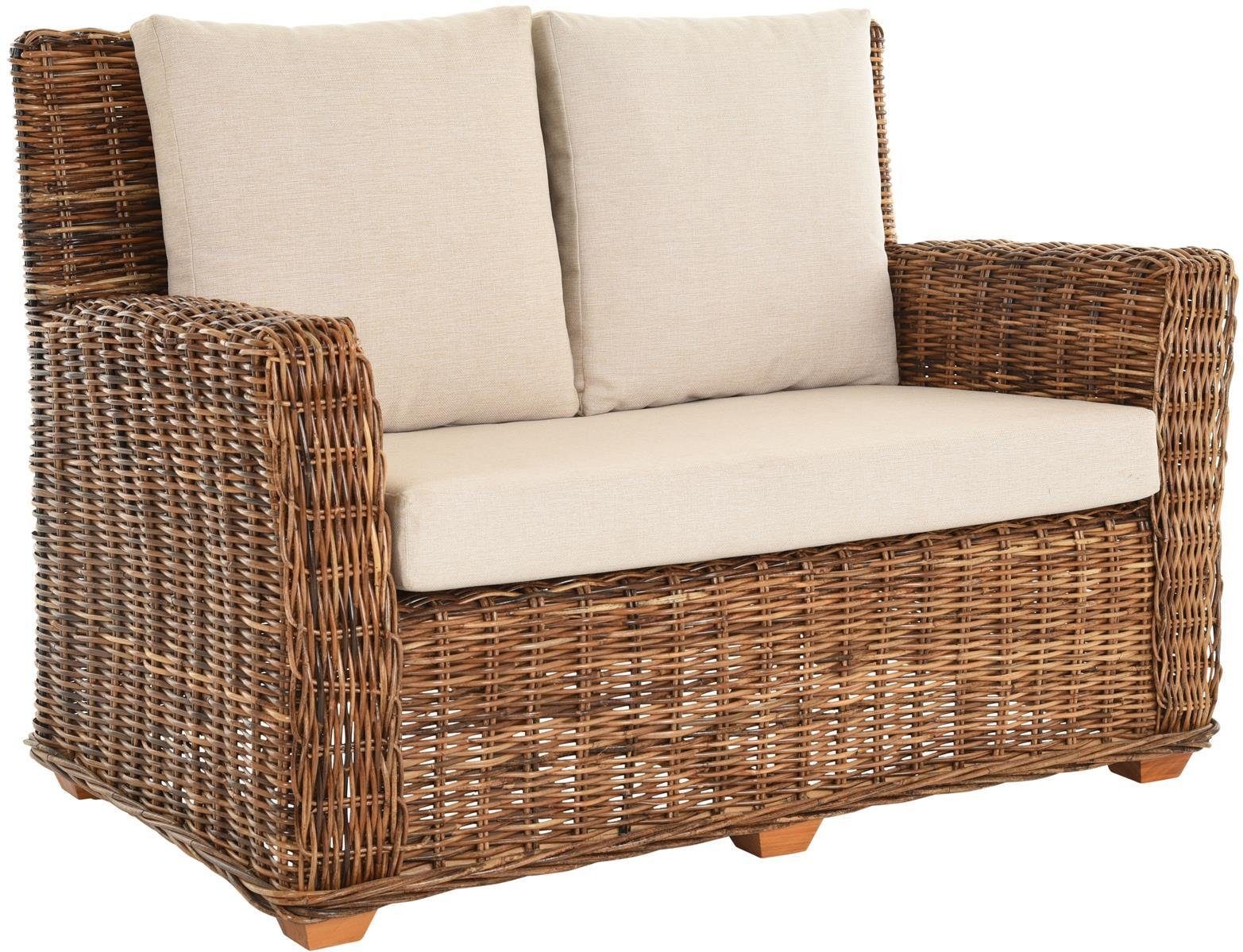 Krines Home Loungesofa Rattansofa Wohnzimmer-Sofa 2-Sitzer Wohnzimmer Couch Sofa (Braun), Sofa aus echtem Rattan 2x Rückenpolster