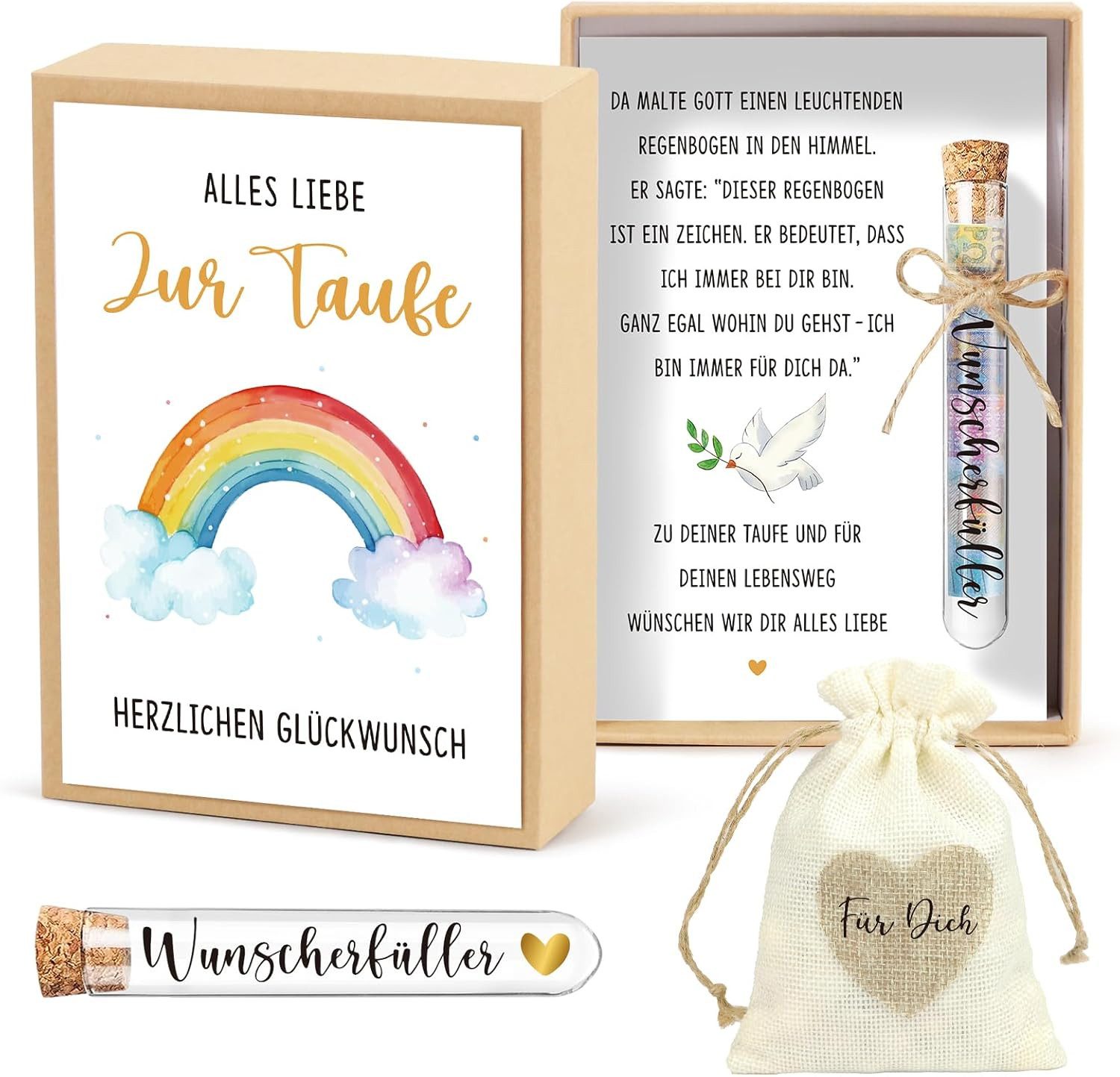 Wiladu Spardose Taufe Geschenkbox Taufgeschenk Reagenzglas Jutesäckchen