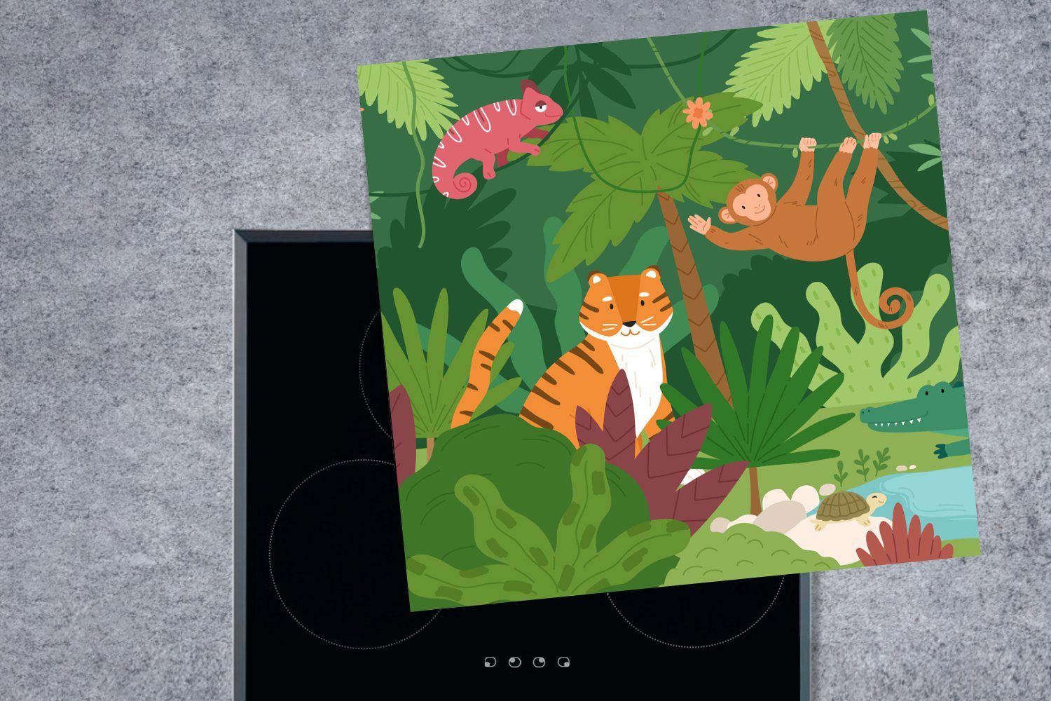 küche Vinyl, 78x78 MuchoWow Dschungel tlg), (1 Wild, Ceranfeldabdeckung, Arbeitsplatte für Herdblende-/Abdeckplatte cm, Tiere - -