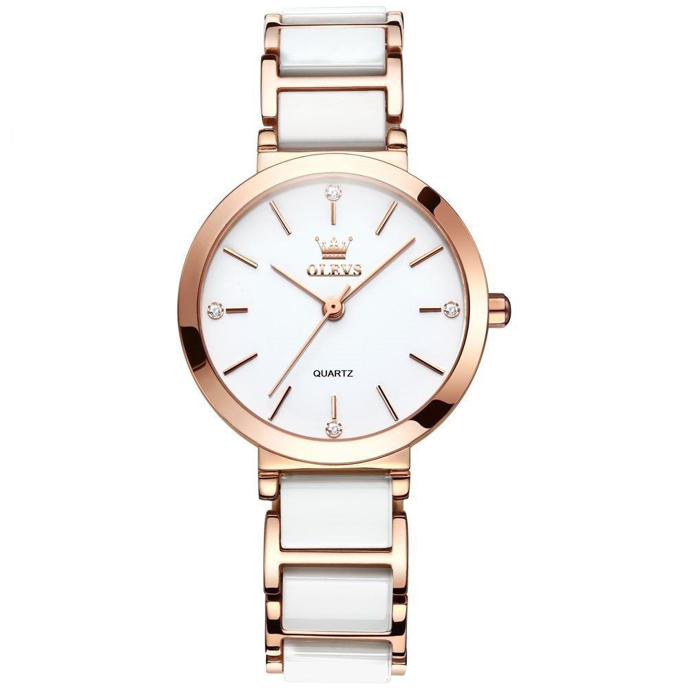 Quarzuhr Quarz Uhr Keramik- armband Luxus elegante Damen Weiß /Rose 5877