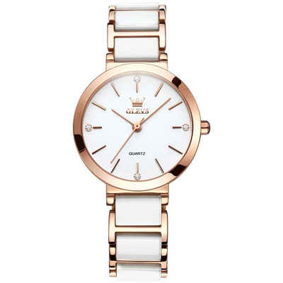 Tidy Quarzuhr Quarz Uhr Keramik- armband Luxus elegante Damen Weiß /Rose
