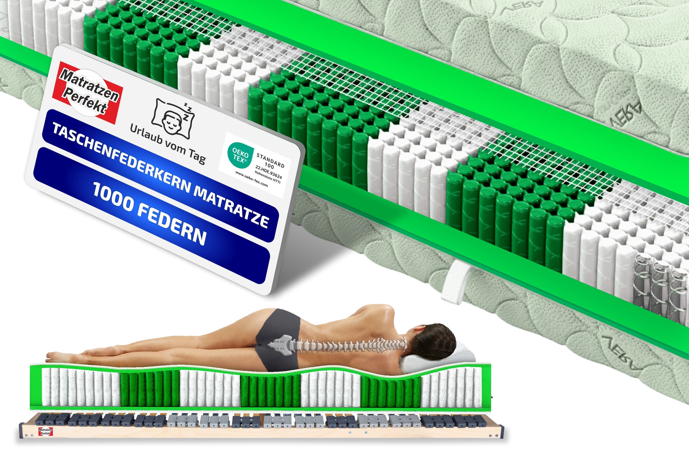 Taschenfederkernmatratze München mit 1000 Federn, 7 Liegezonen im Federkern,bis 200 KG Traglast, Matratzen Perfekt, 23 cm hoch, (Härtegrad 2 bis 5 Extra FEST, 1000 Federn in Einzel vernähte Tragsäckchen), 30 Tage Probeschlafen, Matratze für eine gute Punktelastizität