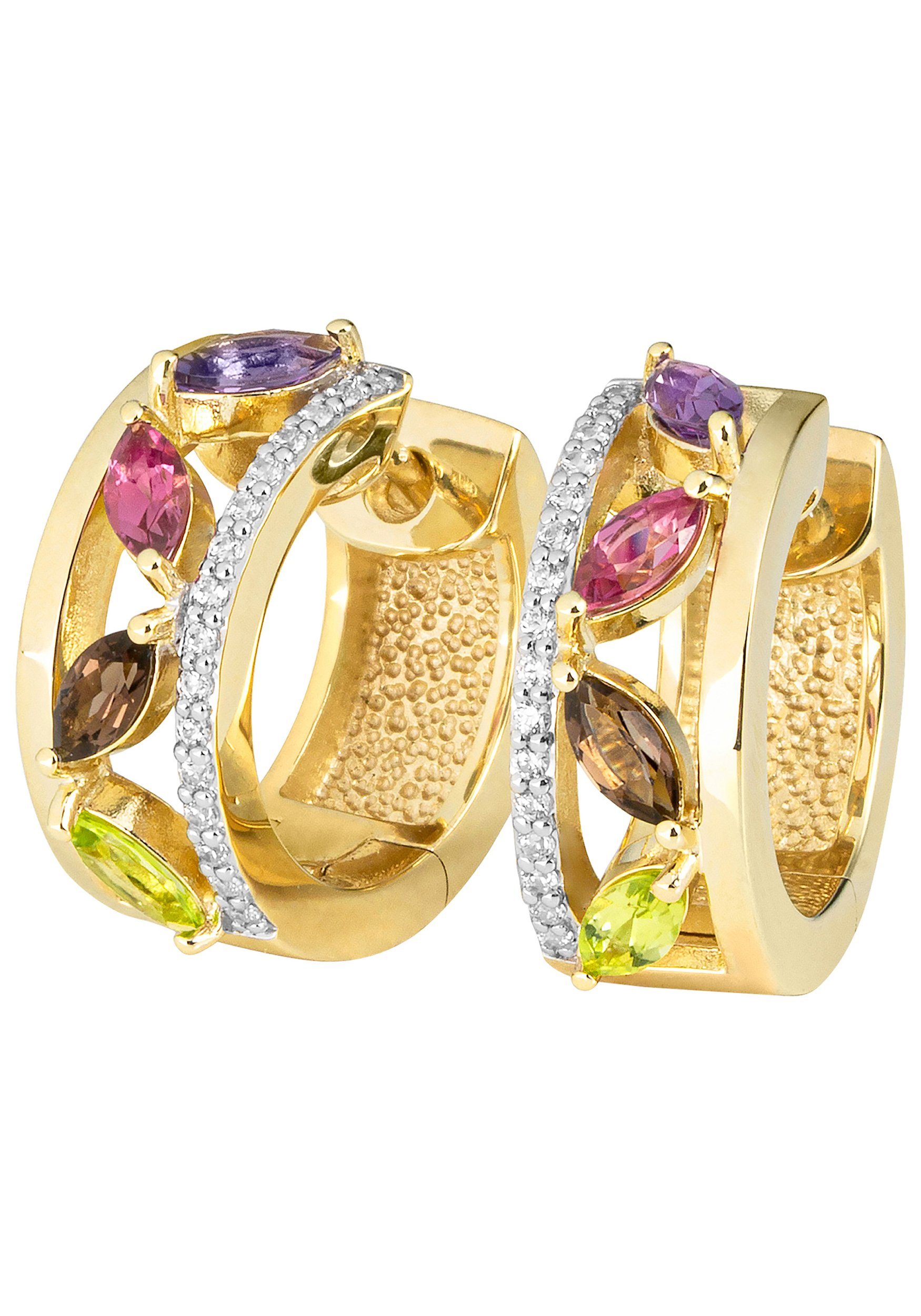 Valentinstagsgeschenk JOBO Paar Creolen, 585 Gold mit 8 bunten Edelsteinen und 32 Diamanten, gelb|goldfarben