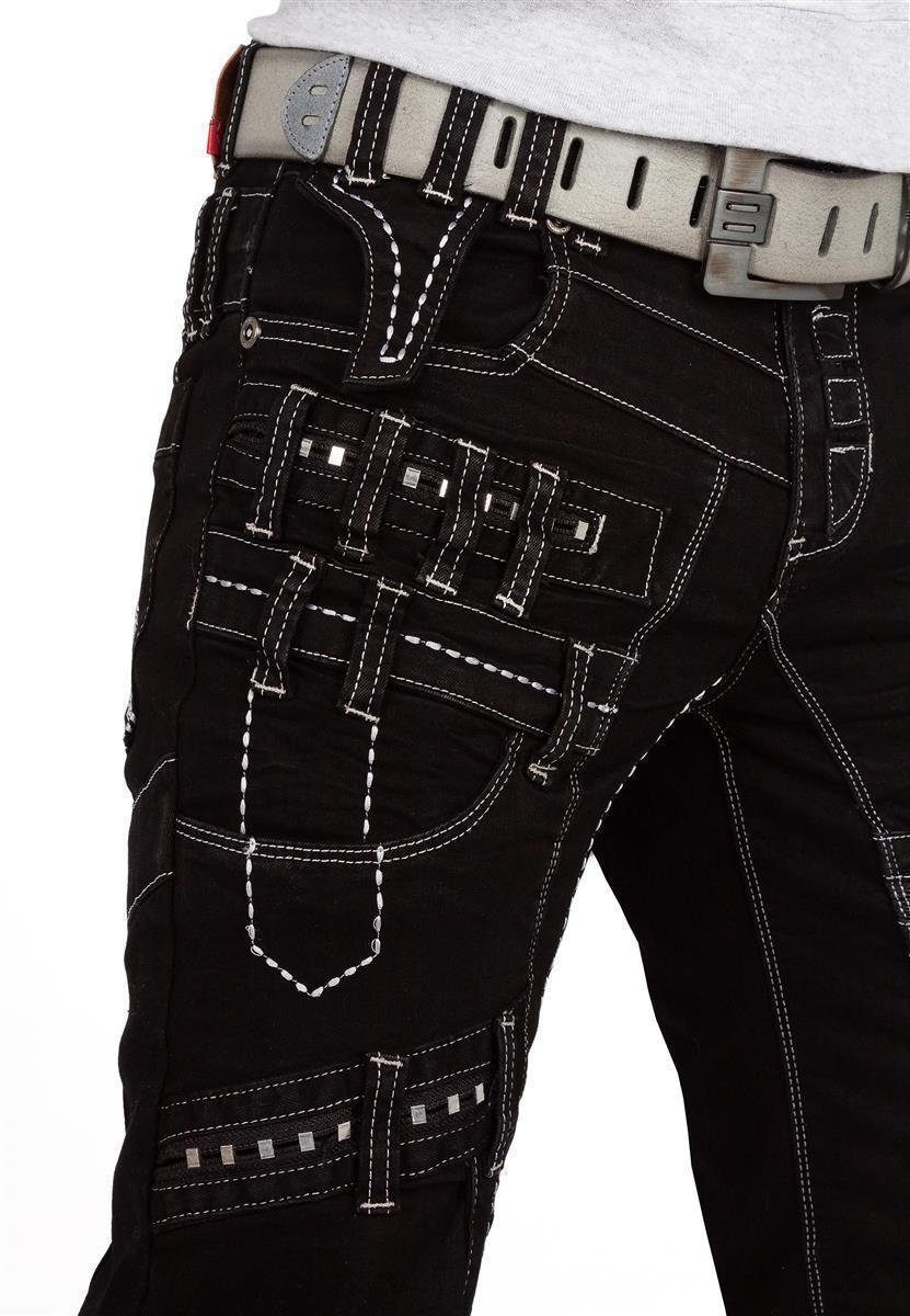 Auffällige Ziernähten Lupo mit 5-Pocket-Jeans Hose und Herren BA-KM8004 Nieten schwarz Kosmo