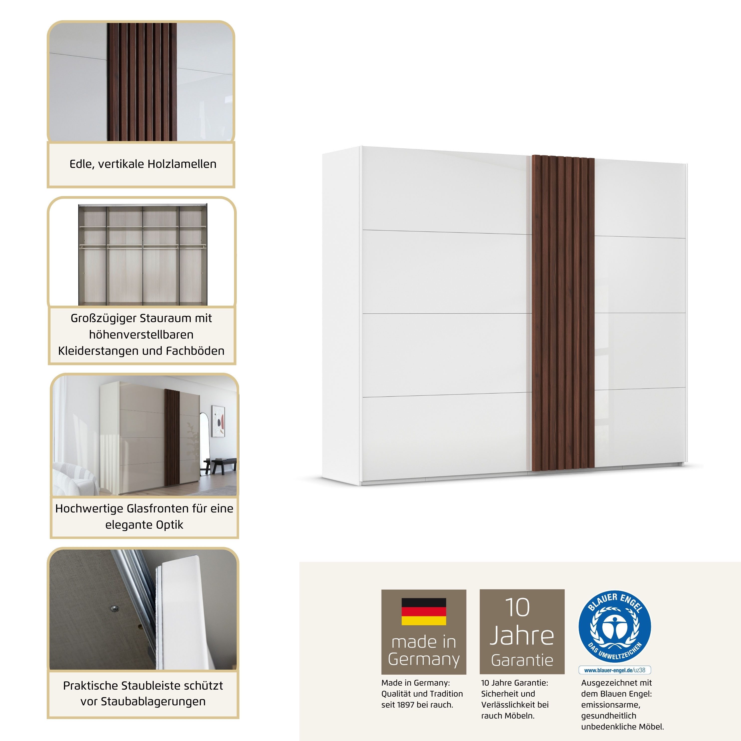 rauch Schwebetürenschrank Kleiderschrank Schrank Garderobe Wäscheschrank TEGIO mit hochwertigen Holzdekoraufleistung und Glasfront MADE IN GERMANY