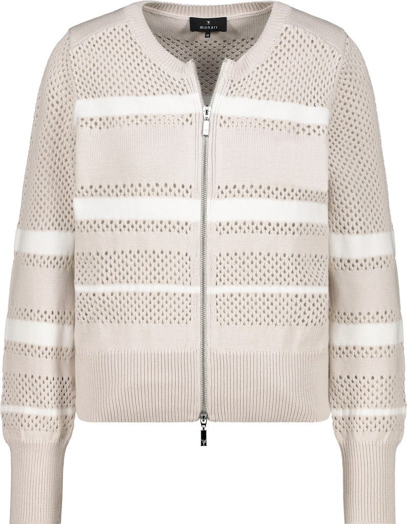 Monari Wolljacke Ajour-Jacke Gerippter Rundhalsausschnitt und dezenter Streifen