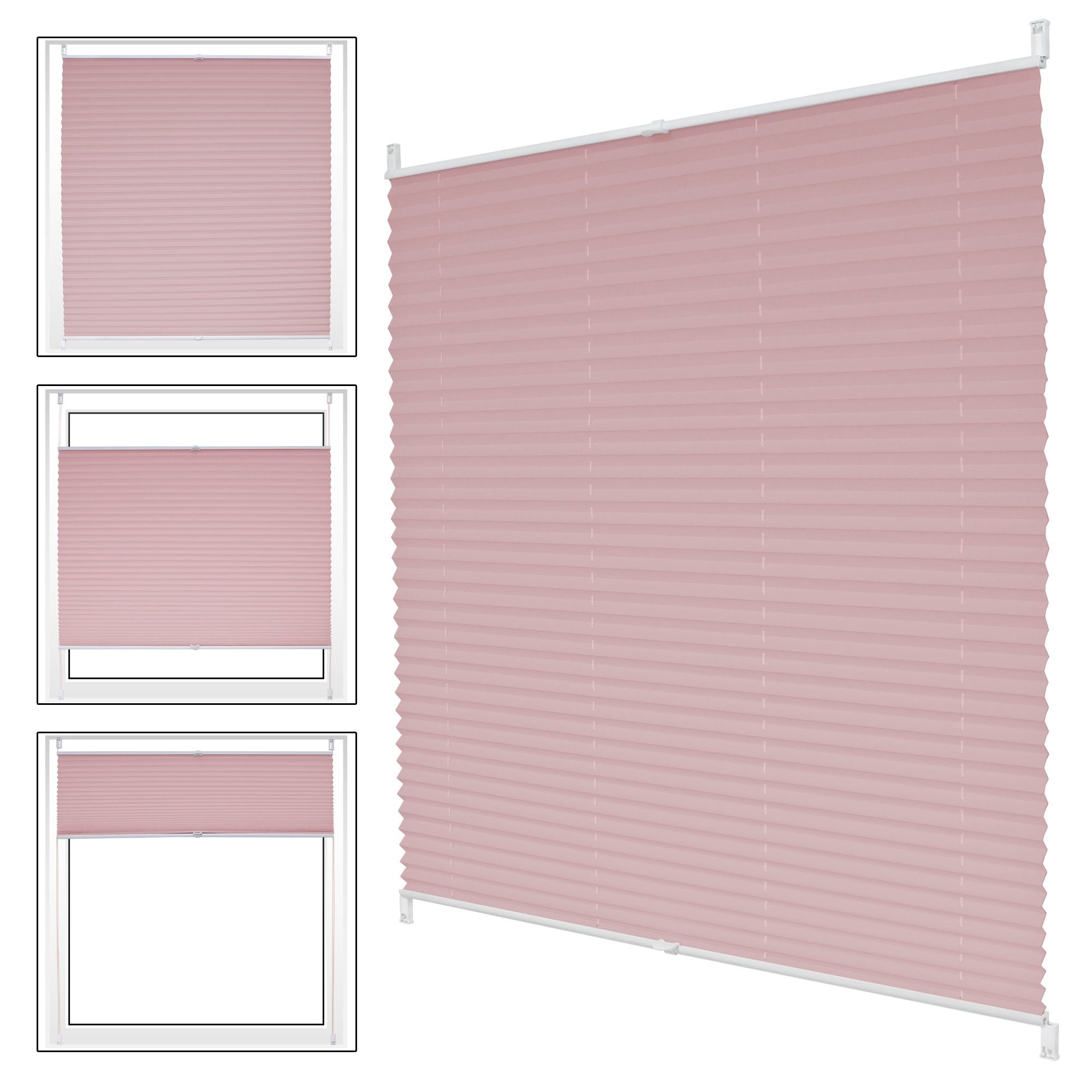 Klemmfix, 100x150 rosa, Plissee Klemmfix Germany, Klemmträger ohne Bohren ECD EasyFix Befestigungsmaterial, Rosa cm, inkl. 100x150cm Fenster/Tür