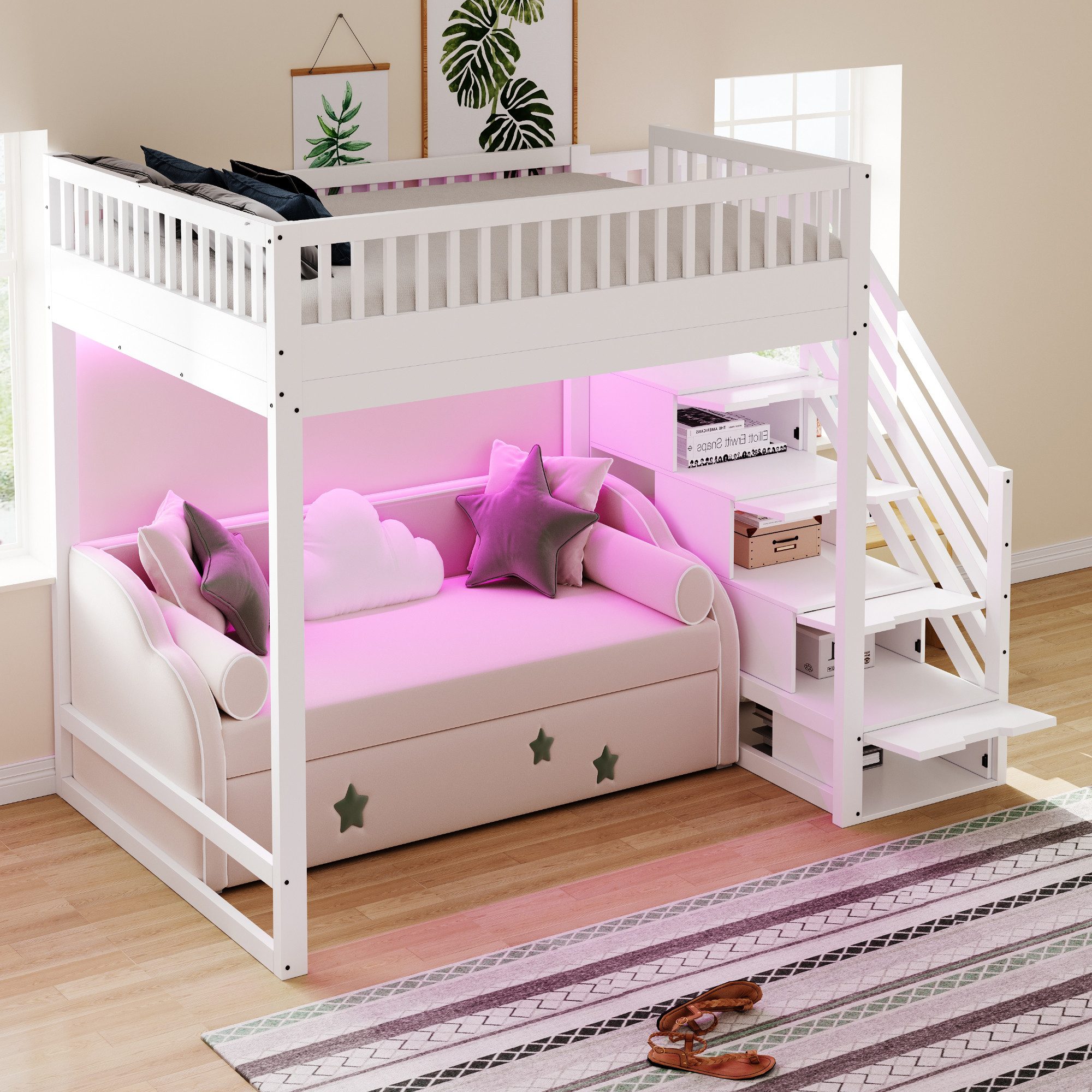 Odikalo Hochbett Hochbett mit Stauraum & Treppe, Weißes Holzbett aus Massiver Kiefer (Hochbett 140x200 / 90x200 cm mit Sicherheitsaufbewahrungsleiter, Sicherhei – Bild 3 von 5