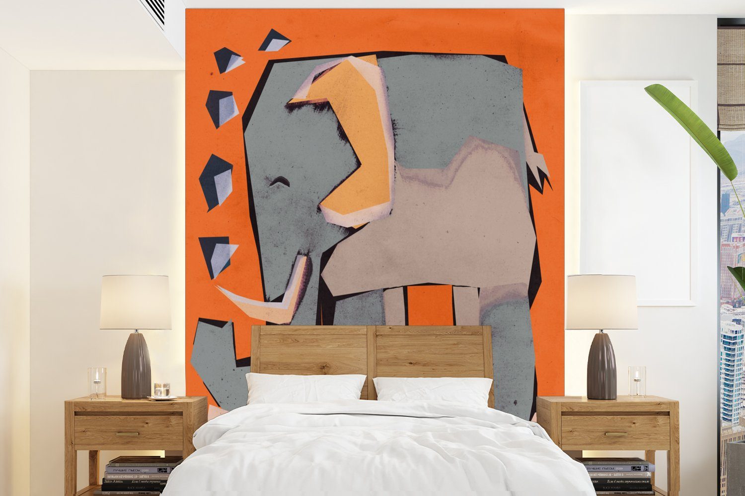 MuchoWow Fototapete Elefant - Kinder - Pastell - Orange - Tiere, Matt, bedruckt, (4 St), Montagefertig Vinyl Tapete für Wohnzimmer, Wandtapete