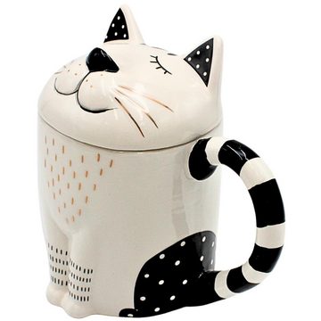 Dekohelden24 Tasse Kaffee-Becher, Teetasse als Katze mit Deckel aus Keramik, Schwarz-Weiß, Keramik