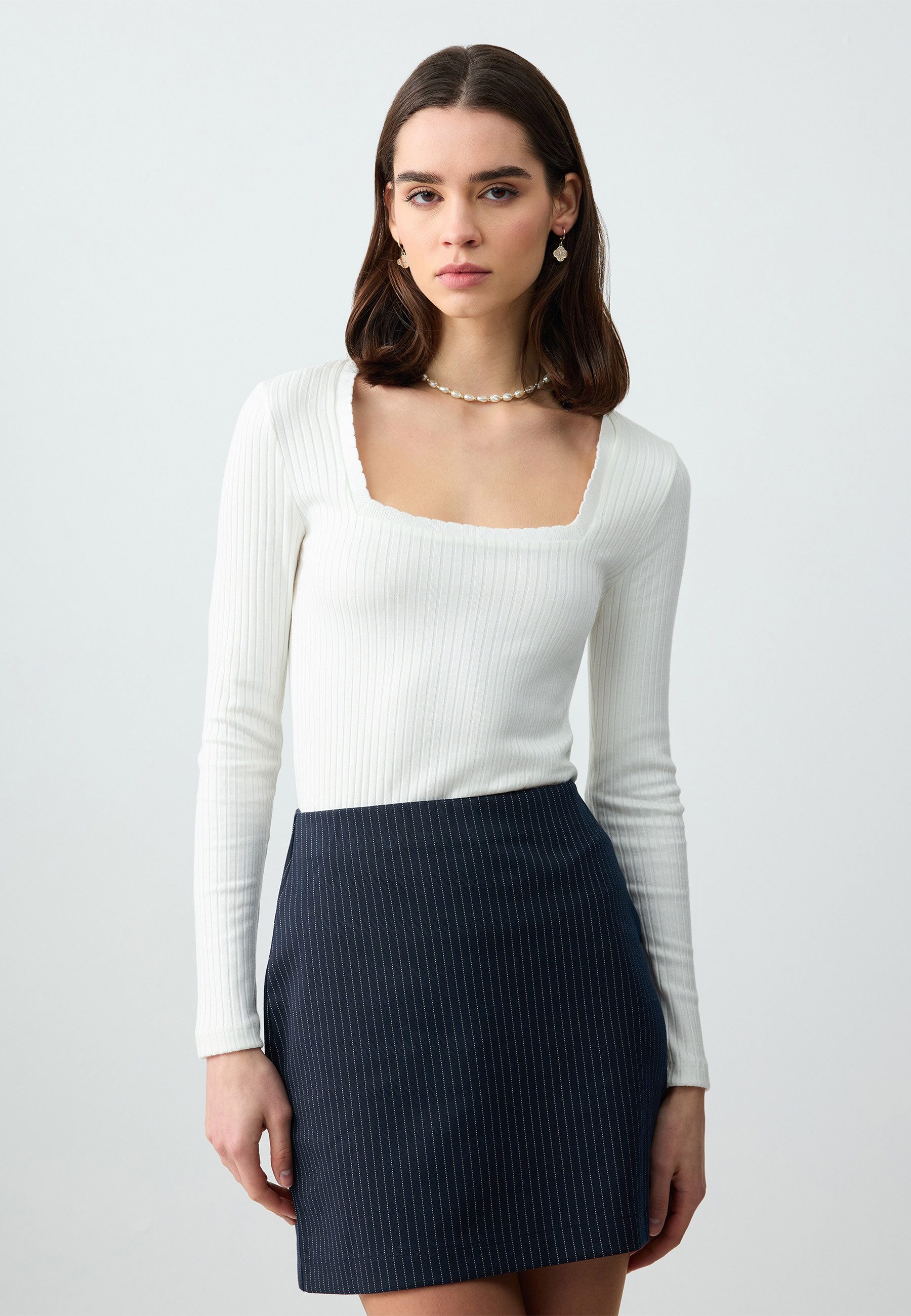 Strickpullover Gerade Geschnittene Langärmlige Strickbluse Mit Quadratischem Ausschni