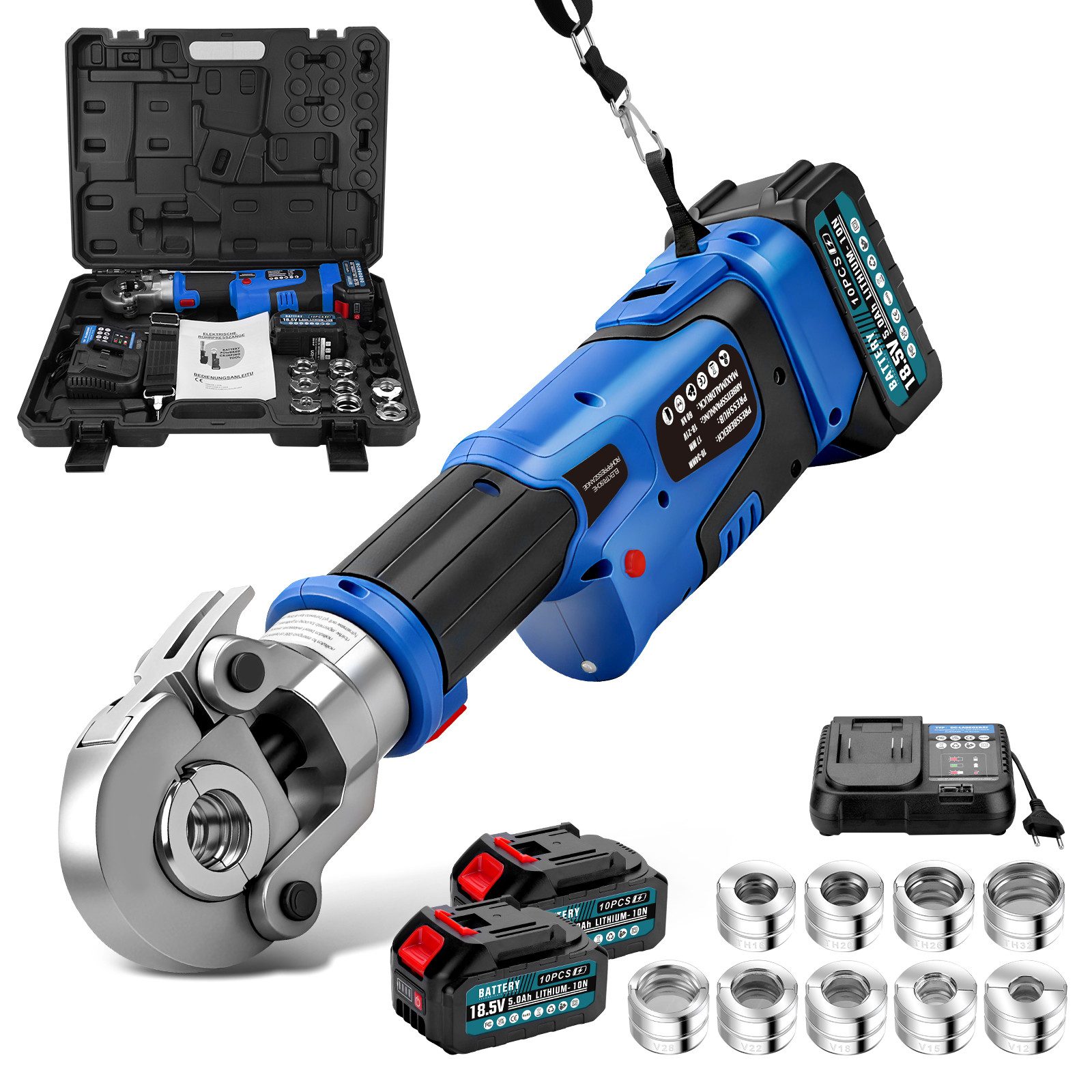 XERSEK Presszange Crimpzange Akku Presszange V-Kontur TH-Kontur Hilfsgurt LCD-Display, 2x5000mAh Akkus, Ein-Mann-Bedienung, Automatische Druckentlastung, Geeignet für Kupferrohre, Edelstahlrohre und Verbundrohr