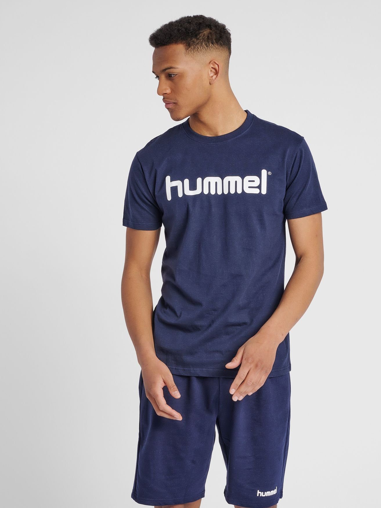 hummel T-Shirt Logo T-Shirt Sport Kurzarm Rundhals Shirt aus Baumwolle HMLGO 5125 in Blau