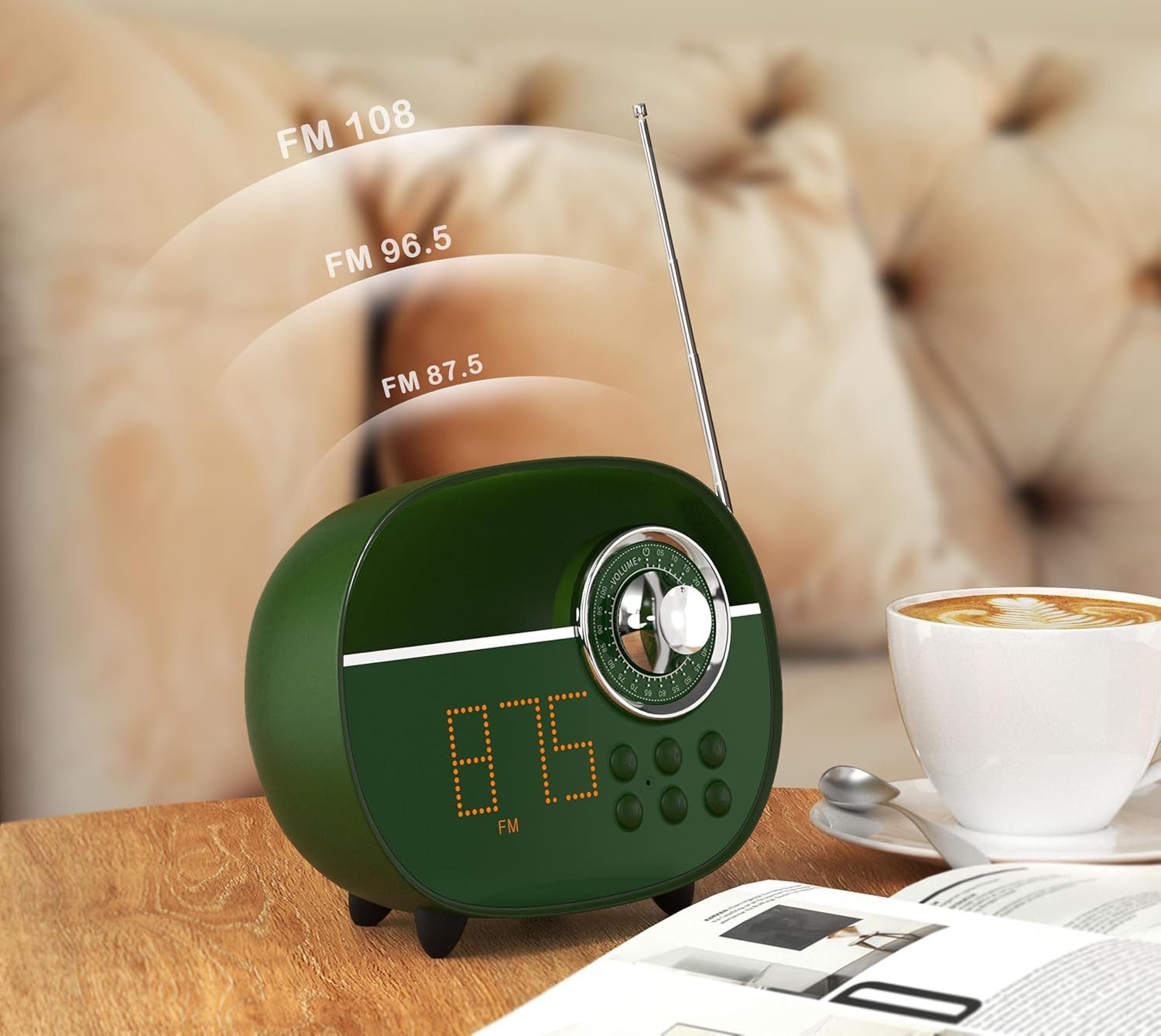 iTOMA Radiowecker Retro-Wecker Bluetooth UKW-Radio Nachtlicht Type-C Akku Grün Retro-Design, Bluetooth 5.1 UKW-Radio, Nachtlicht, AUX-Karten-Slot