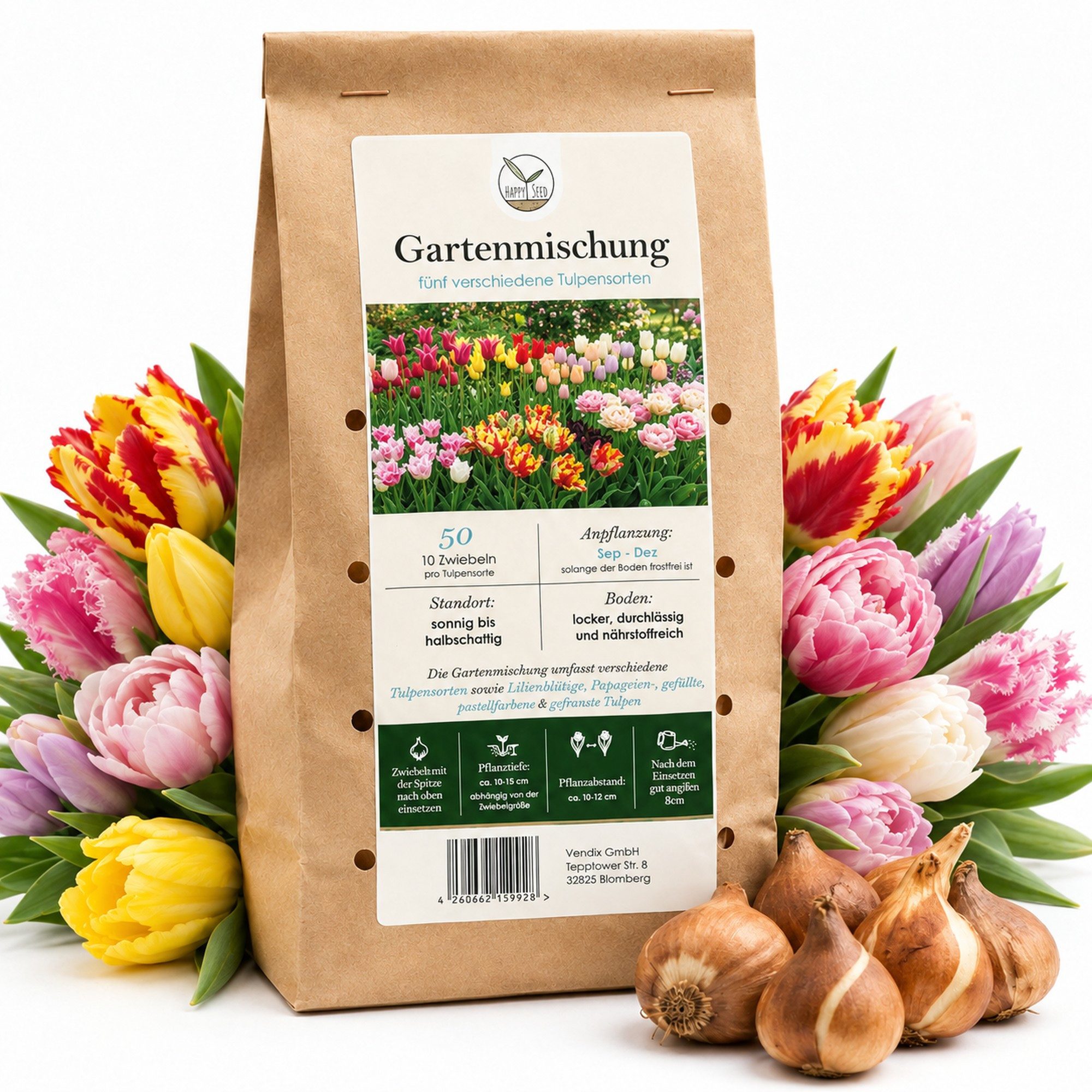 HappySeed Blumenzwiebeln 50 Stk, Tulpen & Frühlingsblüher, verschiedene Sorten, (Gartenmischung, 50-St), Gartenmischung