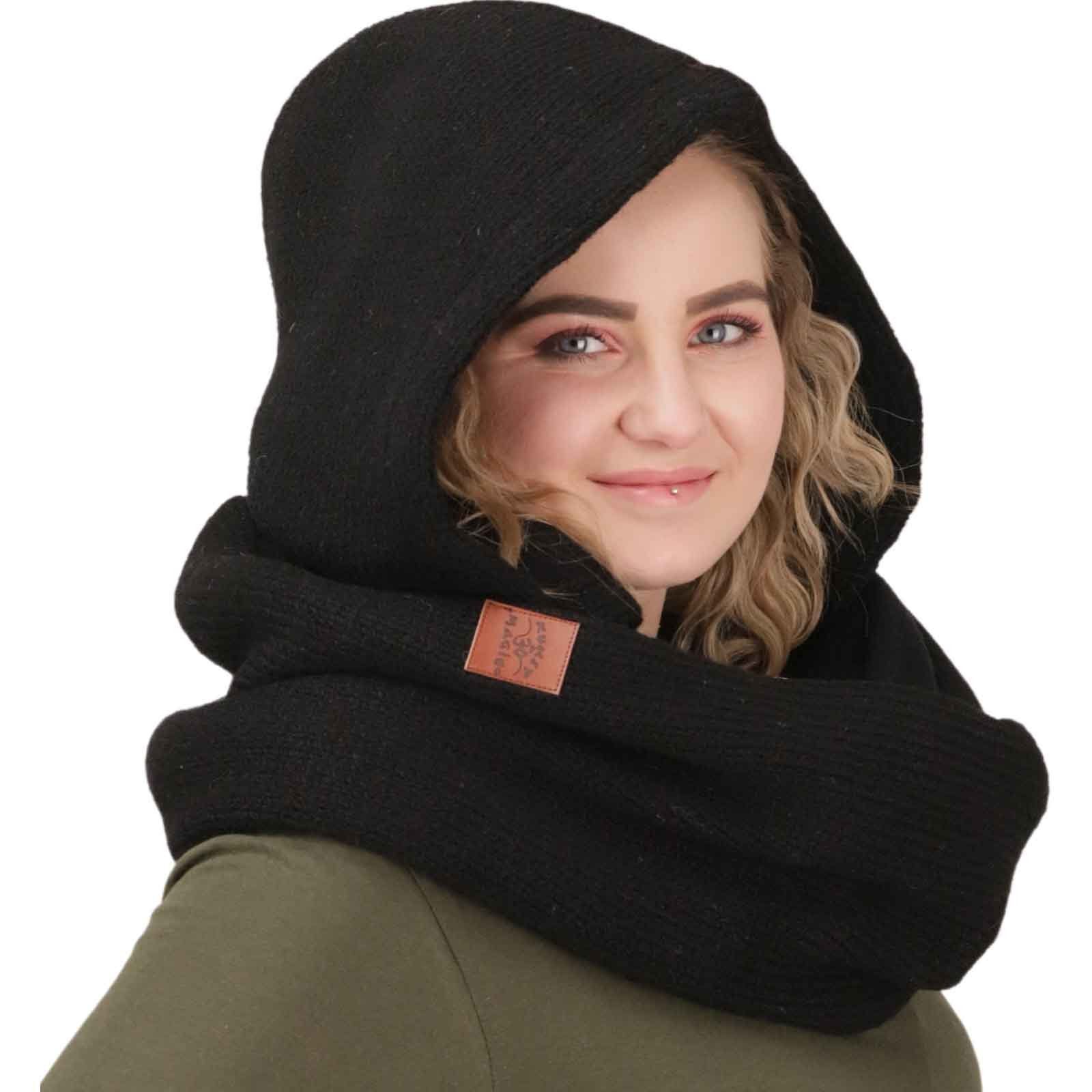 KUNST UND MAGIE Strickmütze Damen Kapuzenschal Loop Schal Hoodie Schalmütze Poncho Wolle