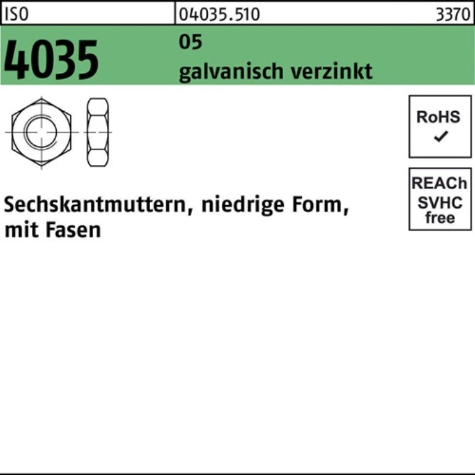 Sechskantmutter 4035 5 ISO 500 M10 500er Muttern Reyher niedrig galv.verz. Pack Fasen