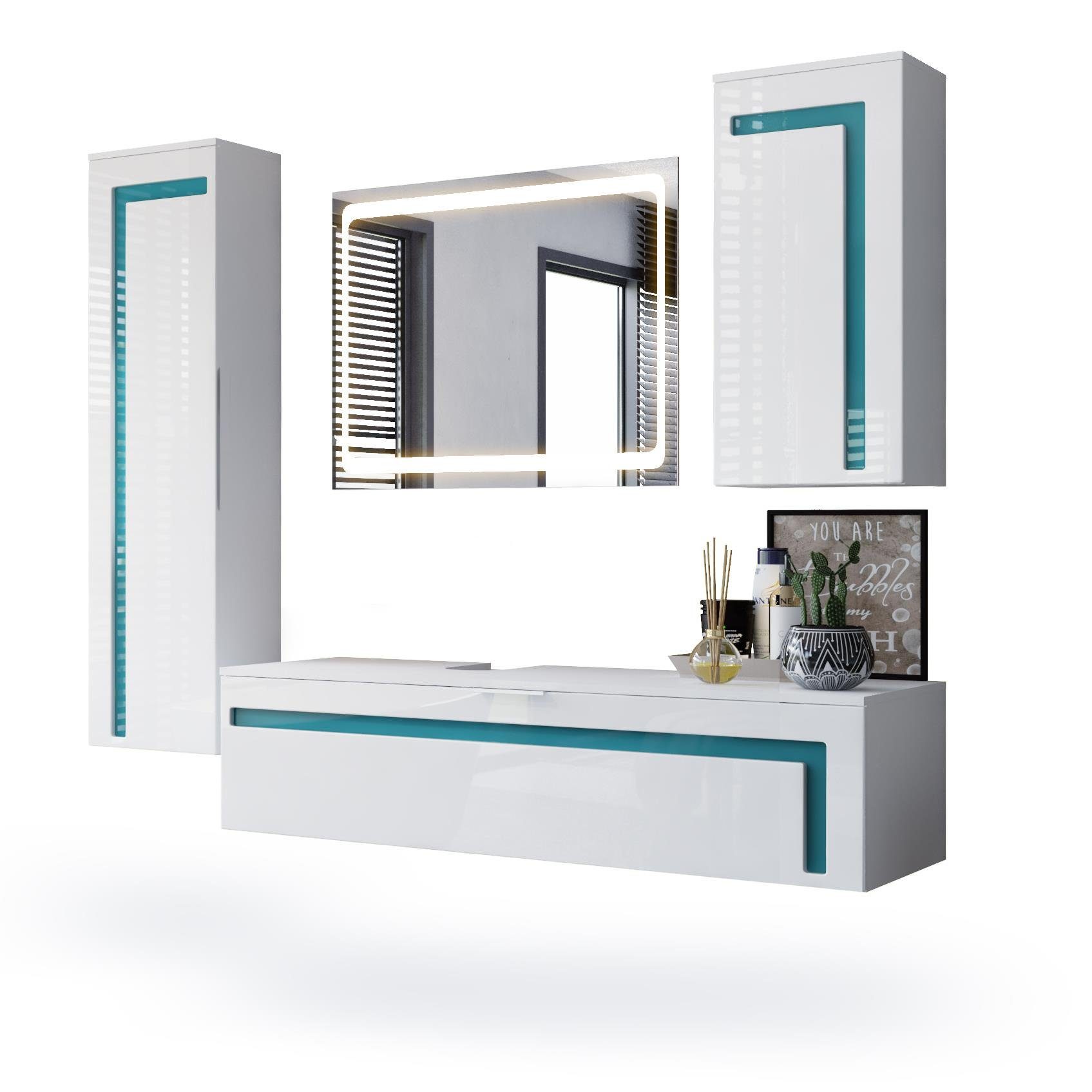 Vladon Badmöbel-Set Aloha, (Badezimmer-Set mit 2 Hochschränken, 1 Unterschrank und 1 LED Spiegel), Weiß matt&glänzend, Absetzungen in Petrol glänzend (210x51x185 cm)