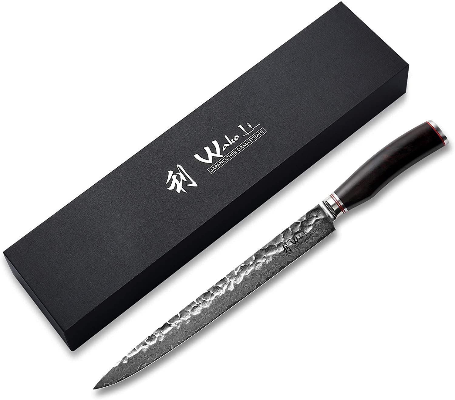 Wakoli Tranchiermesser Damast Sashimi Küchenmesser 25 cm Klinge mit Hammerschlag, aus 67 Lagen Damaststahl, VG10 Kern