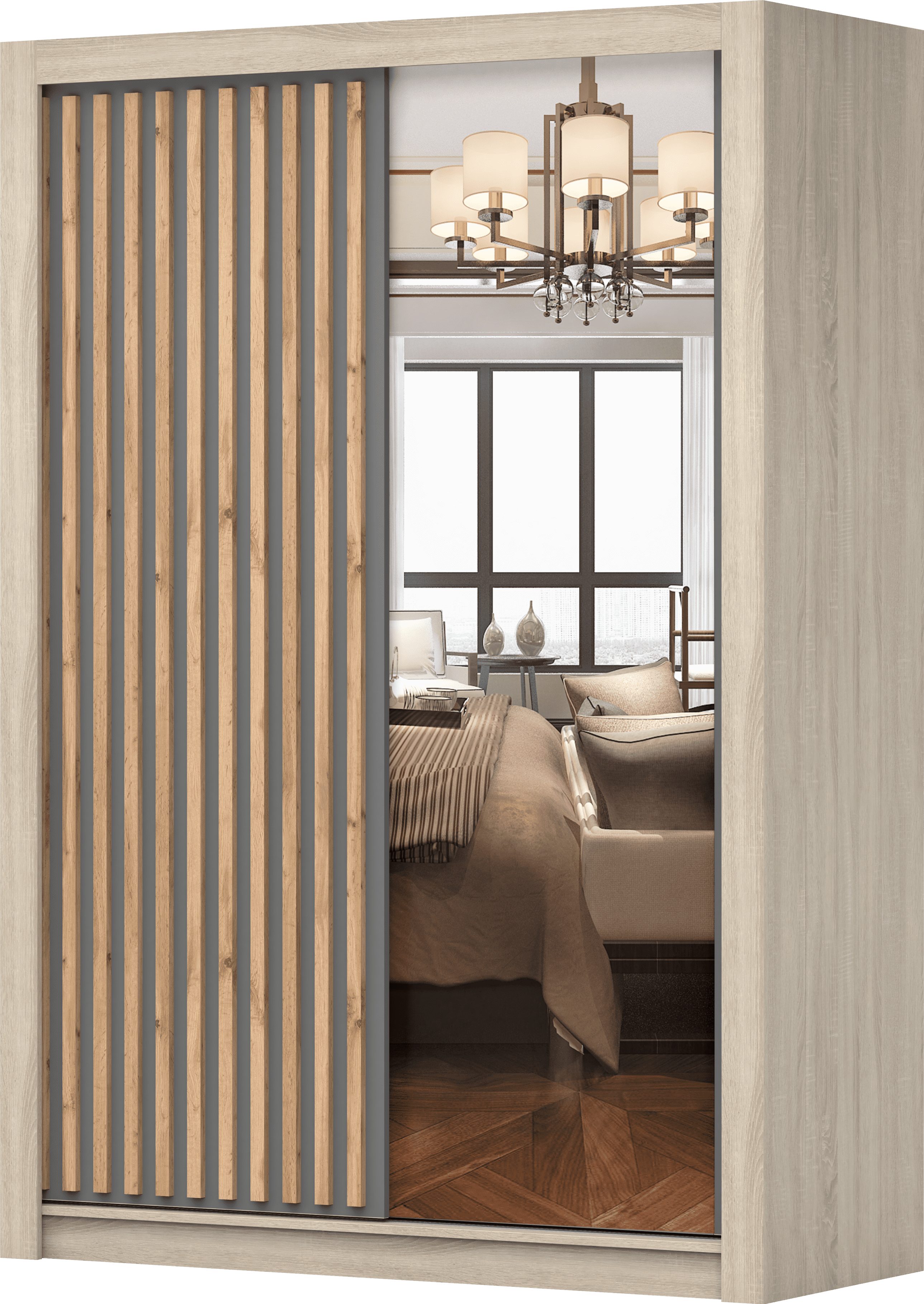 MOEBLO Kleiderschrank LINX (Moderner Schwebetürenschrank mit Holzlamellen und Spiegel, Schiebtüren, Garderobe für Schlafzimmer und Wohnzimmer, in 150 cm, 200 cm und 250 cm erhältlich)