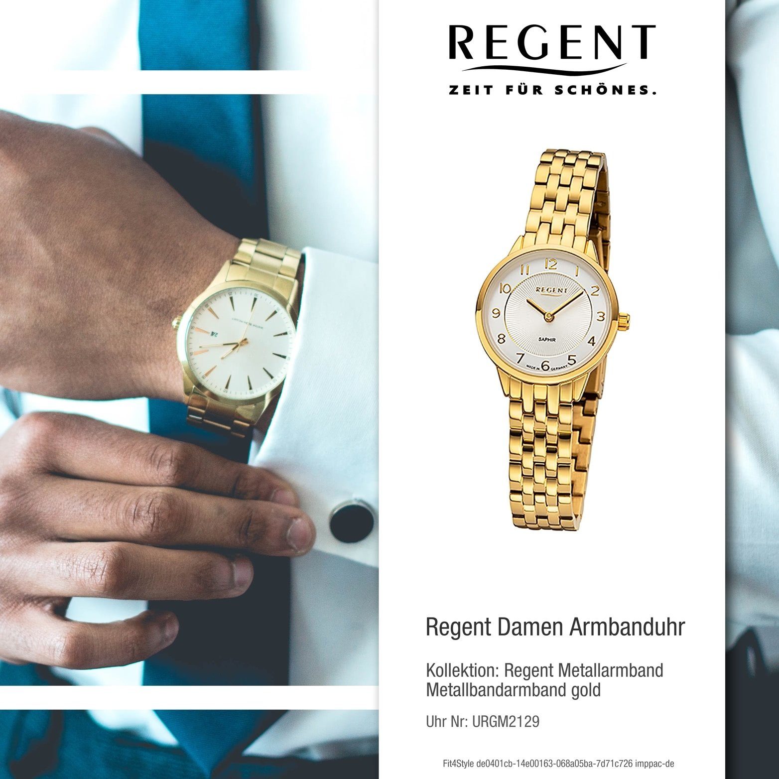 Regent Quarzuhr Regent Damen 27mm) klein Gehäuse, gold, Metallbandarmband Armbanduhr Damenuhr (ca. Analog, rundes