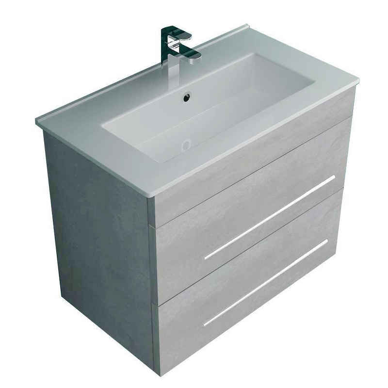 Alpenberger Waschbecken SET Keramik WB 340-Mini-600 + Mini-600 Unterschrank Cement (Waschplatz aus Handwaschbecken mit Unterschrank, 2-St., 2-tlg. Vormontiert), Lotuseffekt, leichte Reinigung, mit Überlauf, 2 Softclose Schubladen