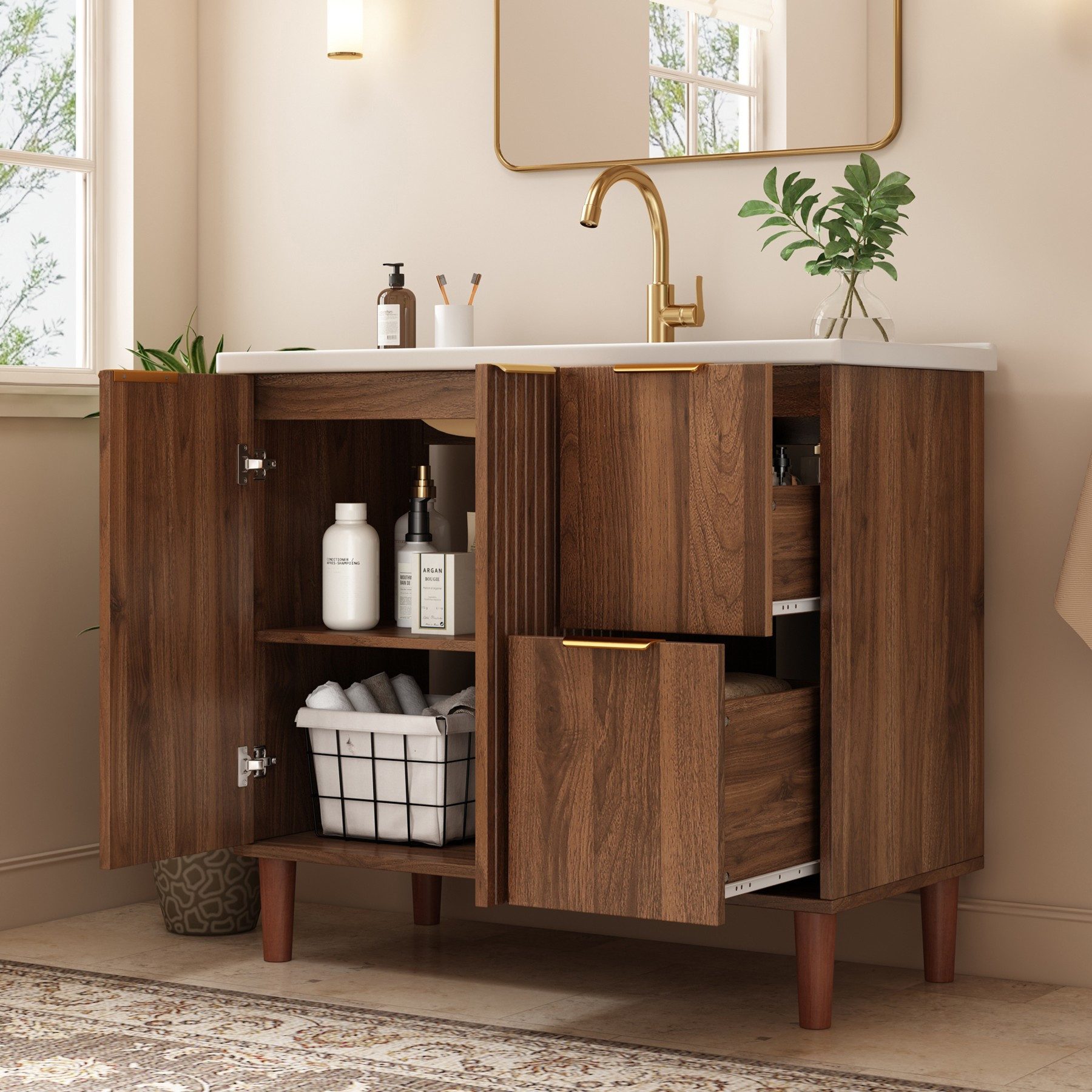 Flieks Waschtisch Waschbeckenunterschrank mit Doppeltüren, 2 Schubladen, Massivholzfüßen (91x47x87 cm, 1-St., bodenstehender Badkommode mit Soft-Close-Funktion- – Bild 2 von 5