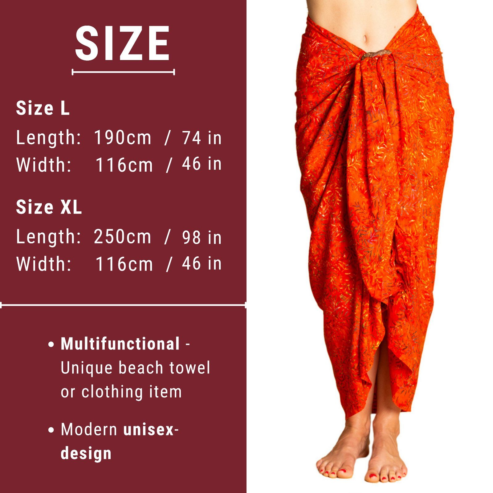 großen Bambooleaf PANASIAM B0017 auch in Tuch für Überwurf als Strand Wachsbatik Pareo Sarong Größen Cover-up Orange oder, Bikini Strandkleid tragbar den Strandtuch Wrap