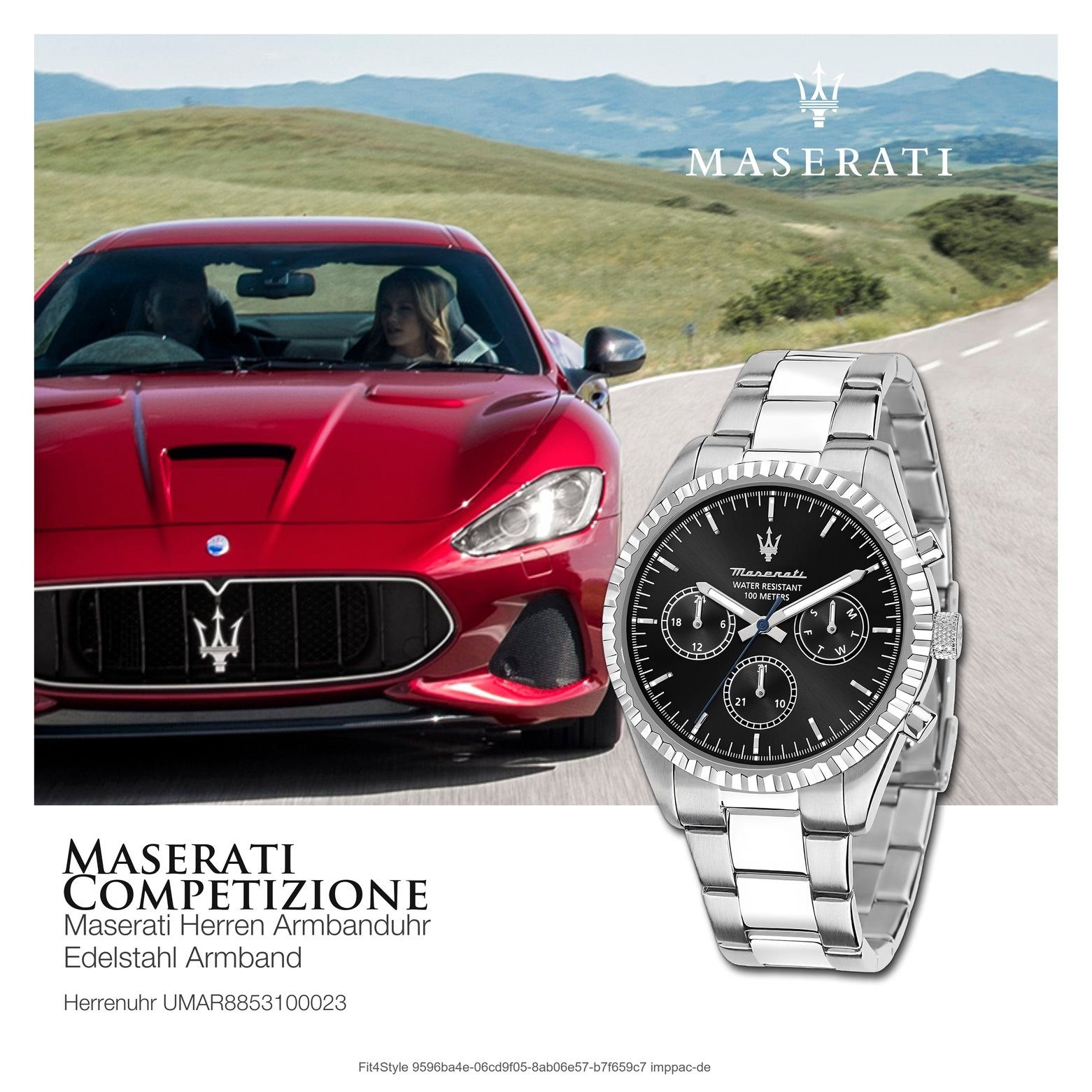 MASERATI Multifunktionsuhr Maserati schwarz, rund, Edelstahlarmband, Italy groß COMPETIZIONE, Made-In 51,5x43mm) Herrenuhr silber Herrenuhr (ca