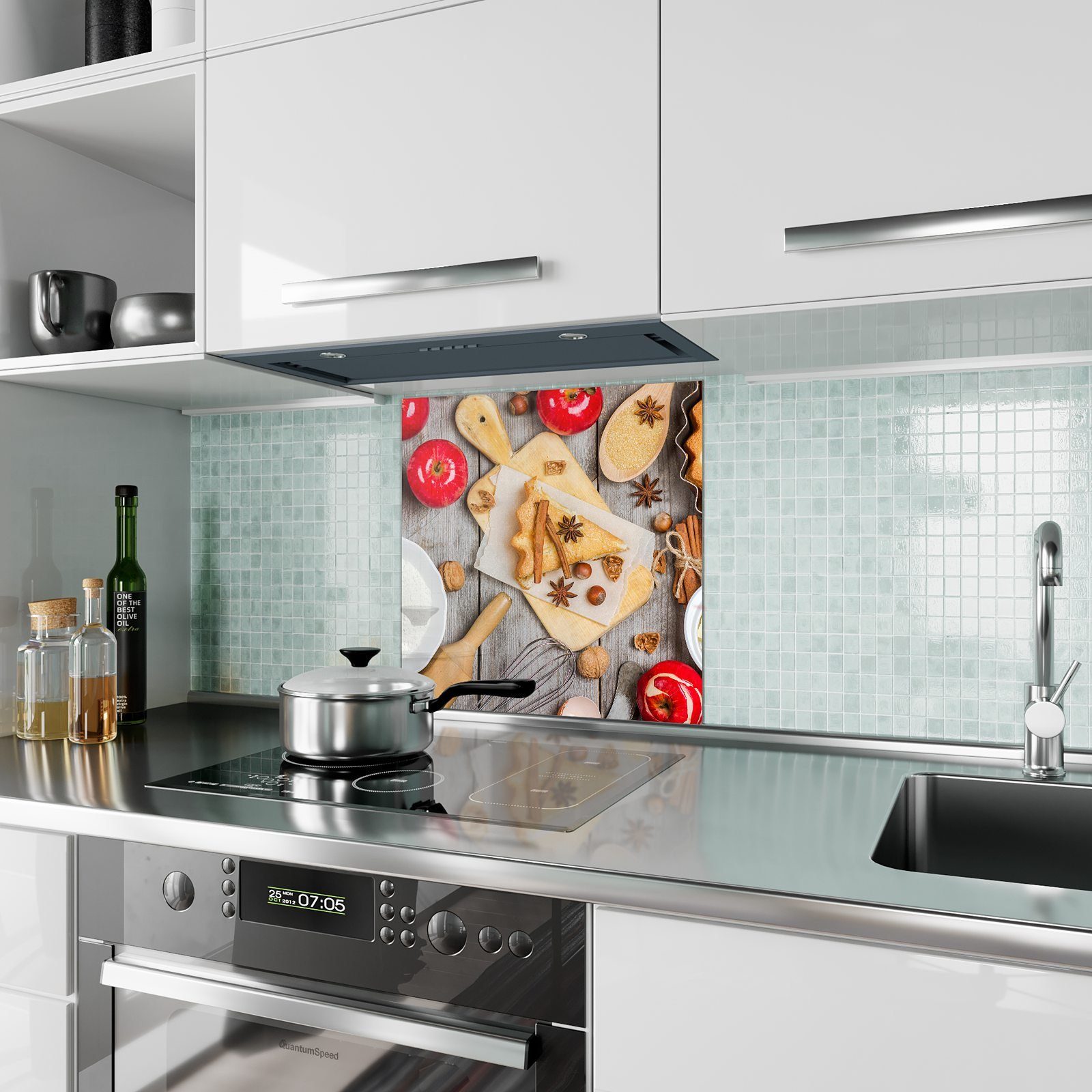 Küchenrückwand Spritzschutz für Küchenrückwand Zutaten Apfelkuchen Motiv mit Primedeco Glas