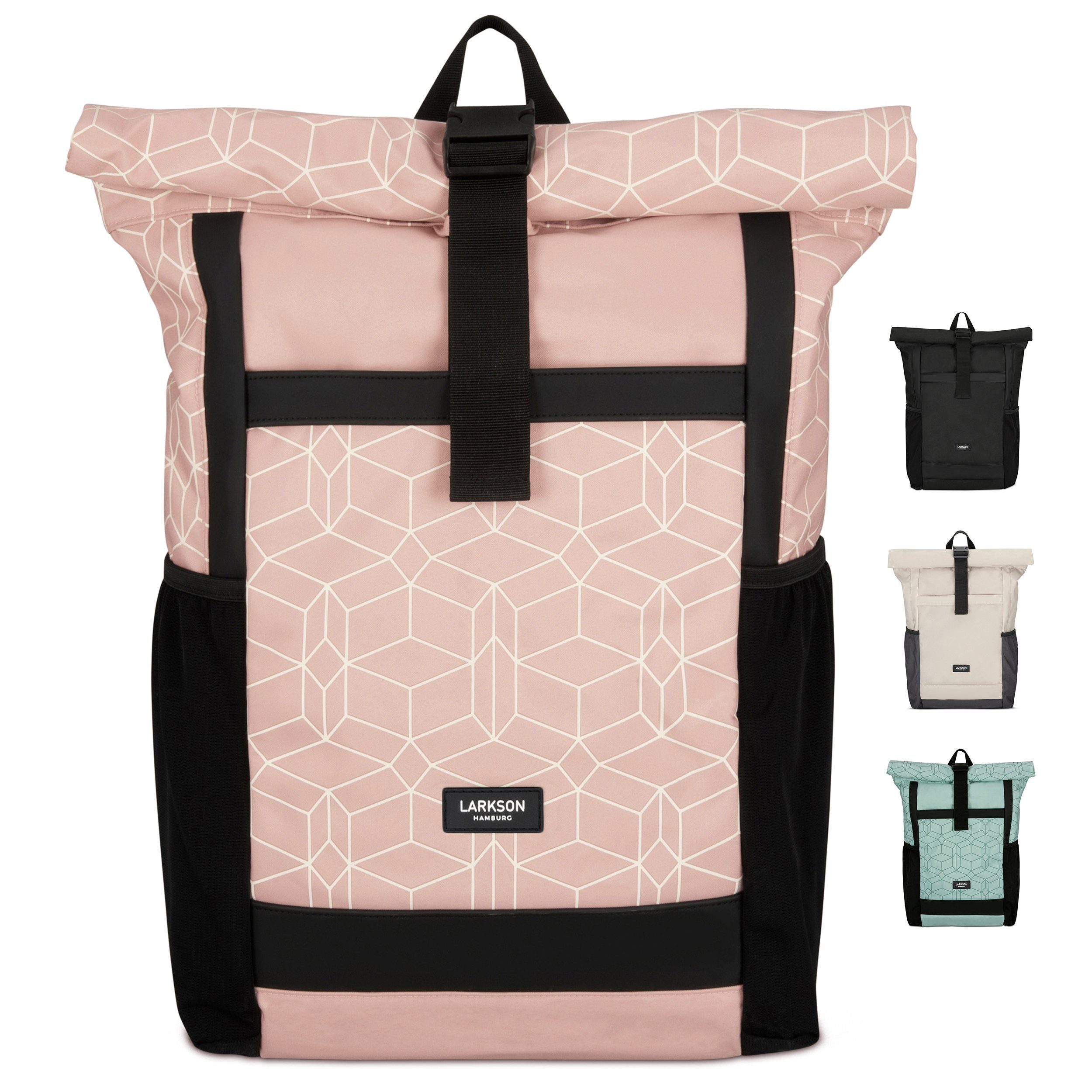 LARKSON Cityrucksack No 2, Rolltop Damen Herren, Laptop Fach, Wasserabweisend Rosa