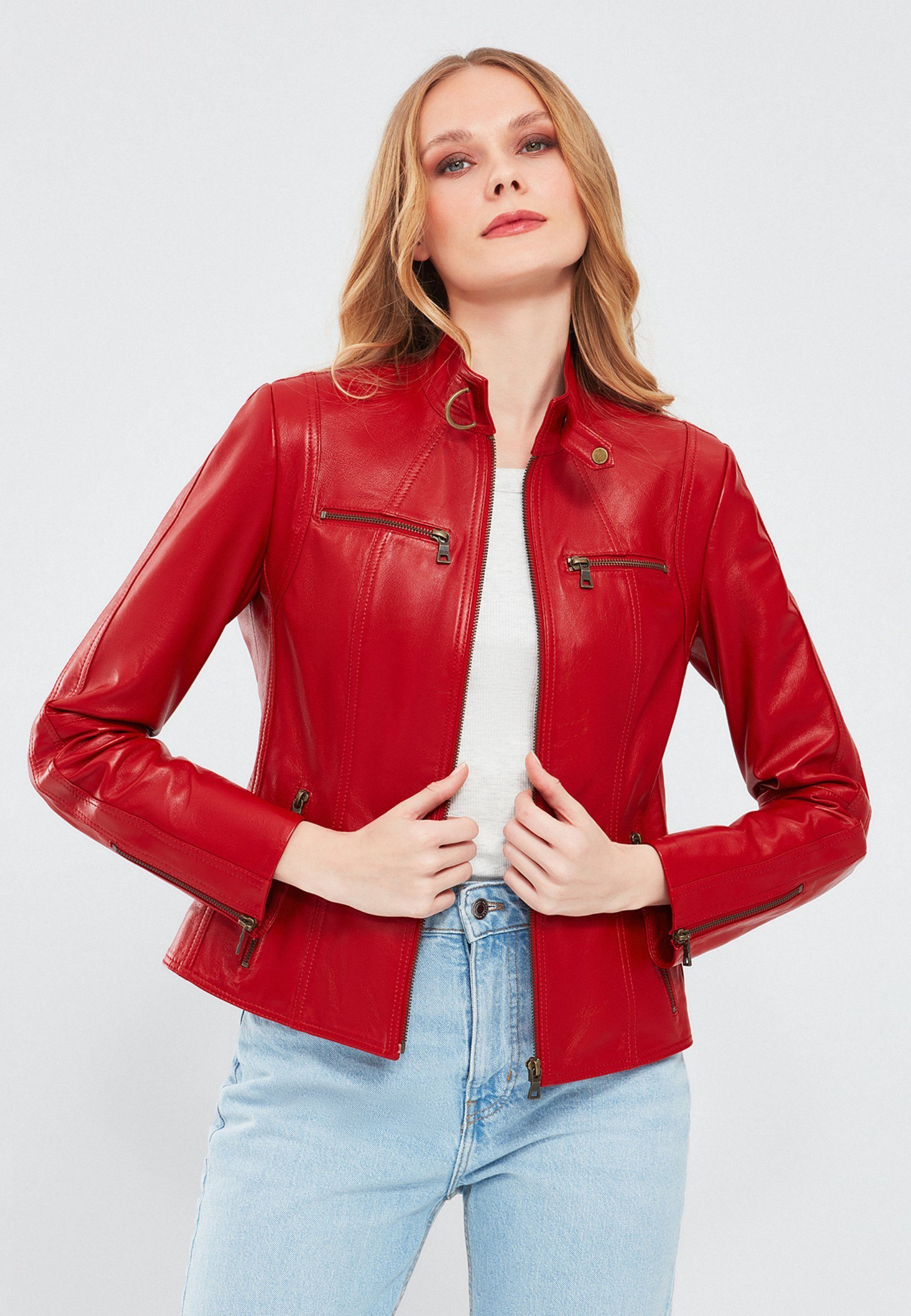 Derimod Lederjacke Maria Kurze Lederjacke Regular Fit, Reißverschluss, Stehkragen, Kurz, Textilfutter