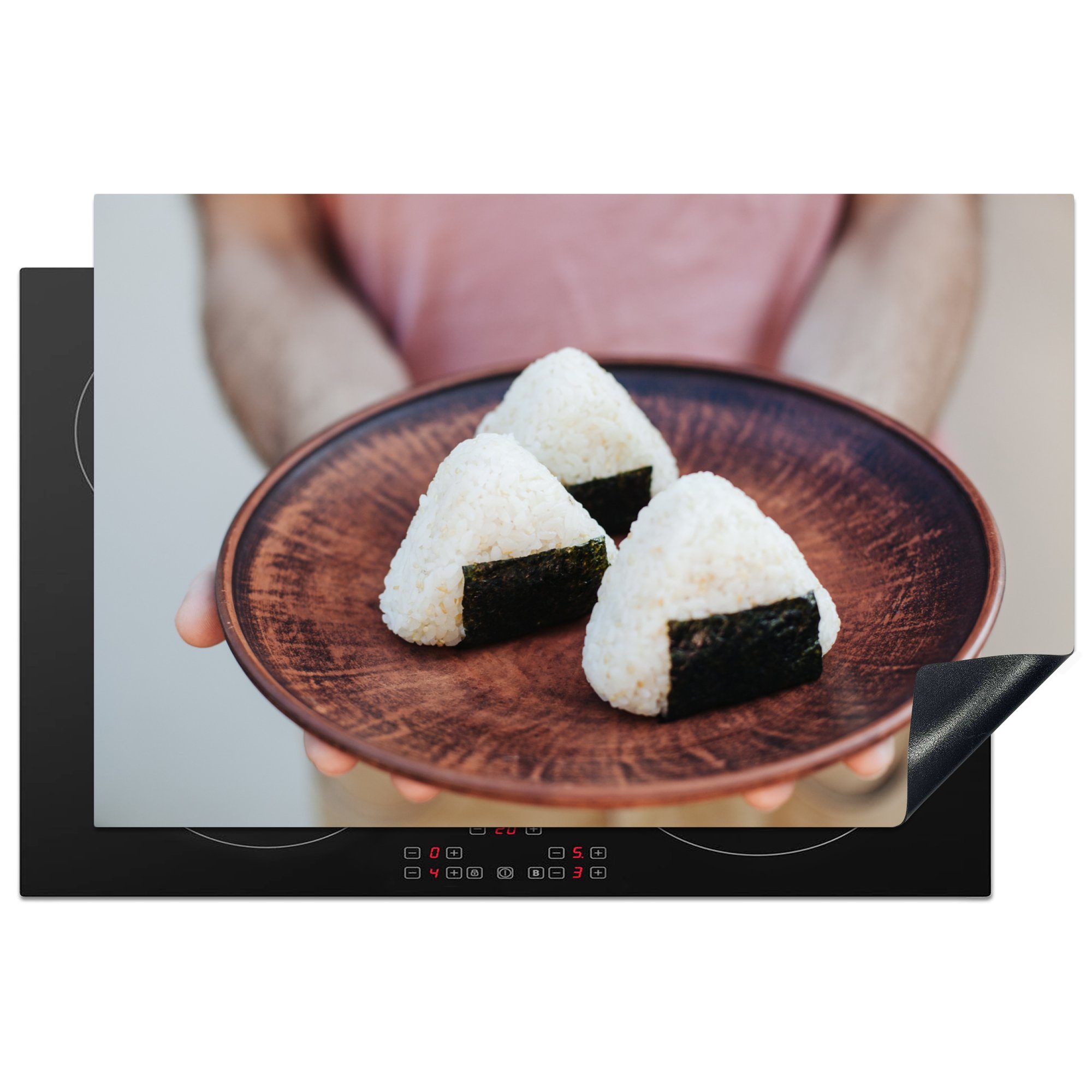 MuchoWow Herdblende-/Abdeckplatte Onigiri - Teller - Japan, Vinyl, (1 tlg), 81x52 cm, Induktionskochfeld Schutz für die küche, Ceranfeldabdeckung