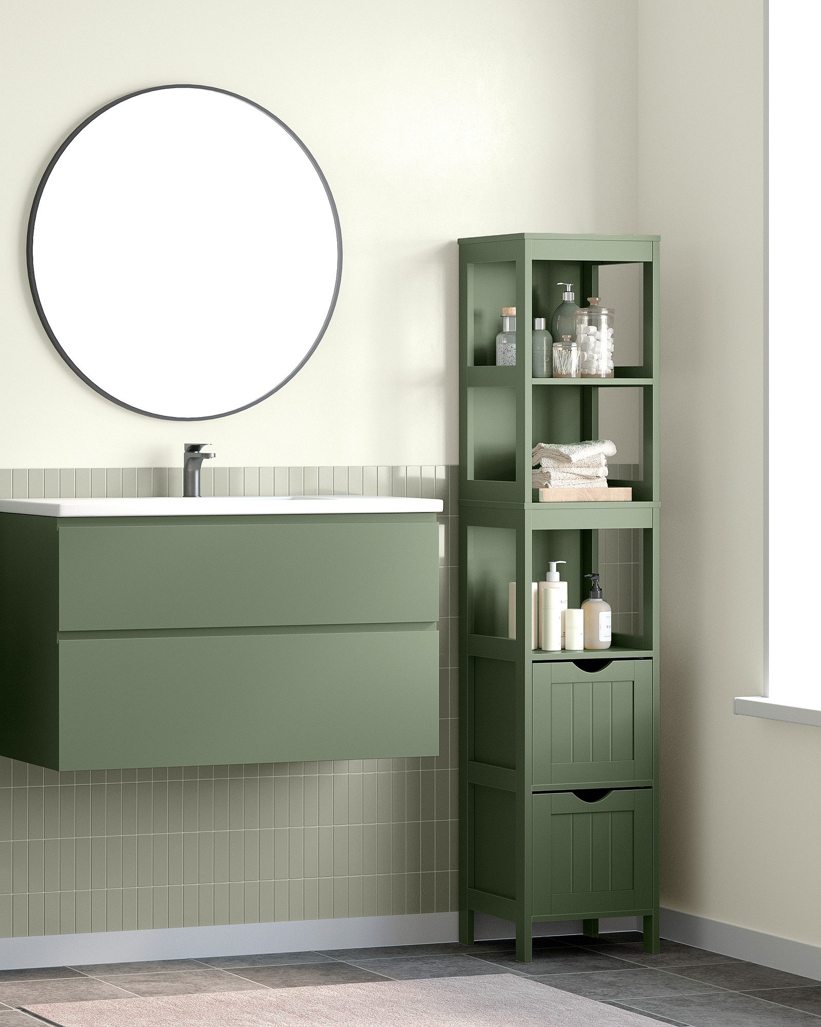 VASAGLE Badkommode Hochschrank Badezimmerschrank, 2 Schubladen, 30 x 30 x 141,5 cm, für Badezimmer, Wohnzimmer, freistehend, modern – Bild 2 von 5