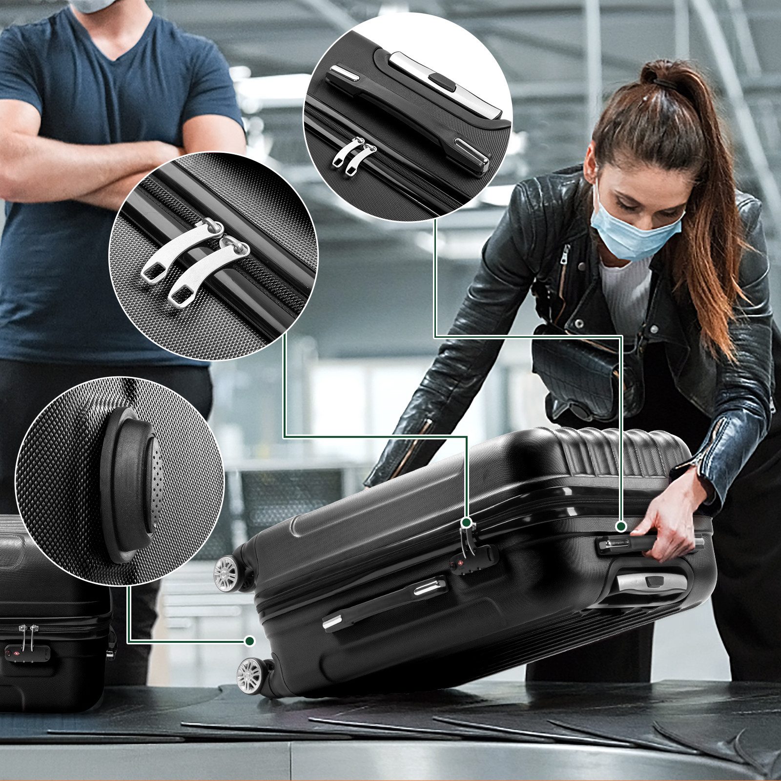 LALAHO Trolley Kofferset Hartschale Reisekoffer, 360° Rollen, 4 Rollen, 3er Set Handgepäck, moderner Koffer, Teleskopstange, Schwarz – Bild 5 von 5