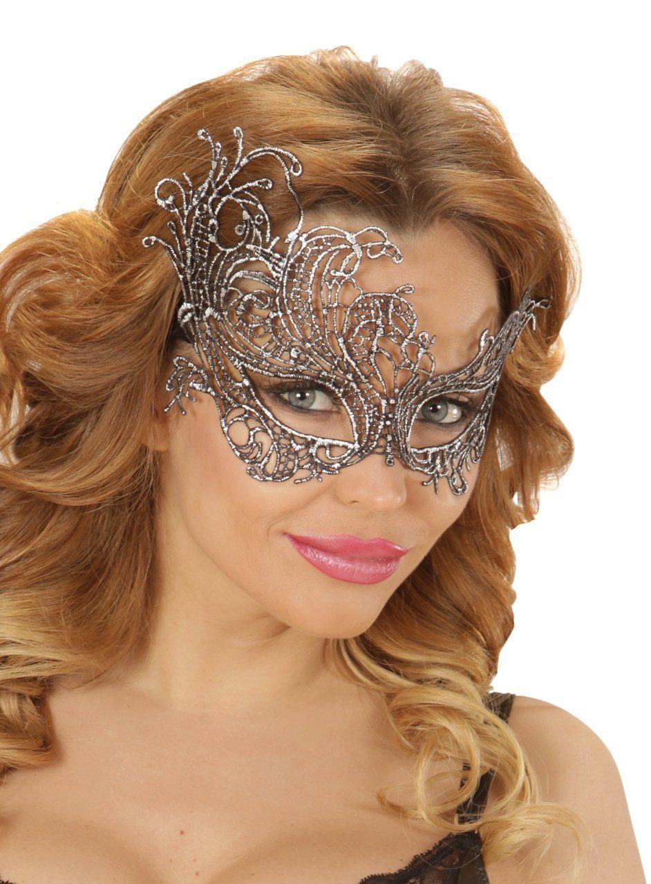 Widdmann Verkleidungsmaske Silberne Spitzenmaske antik, Venezianische Augenmaske aus Stoff