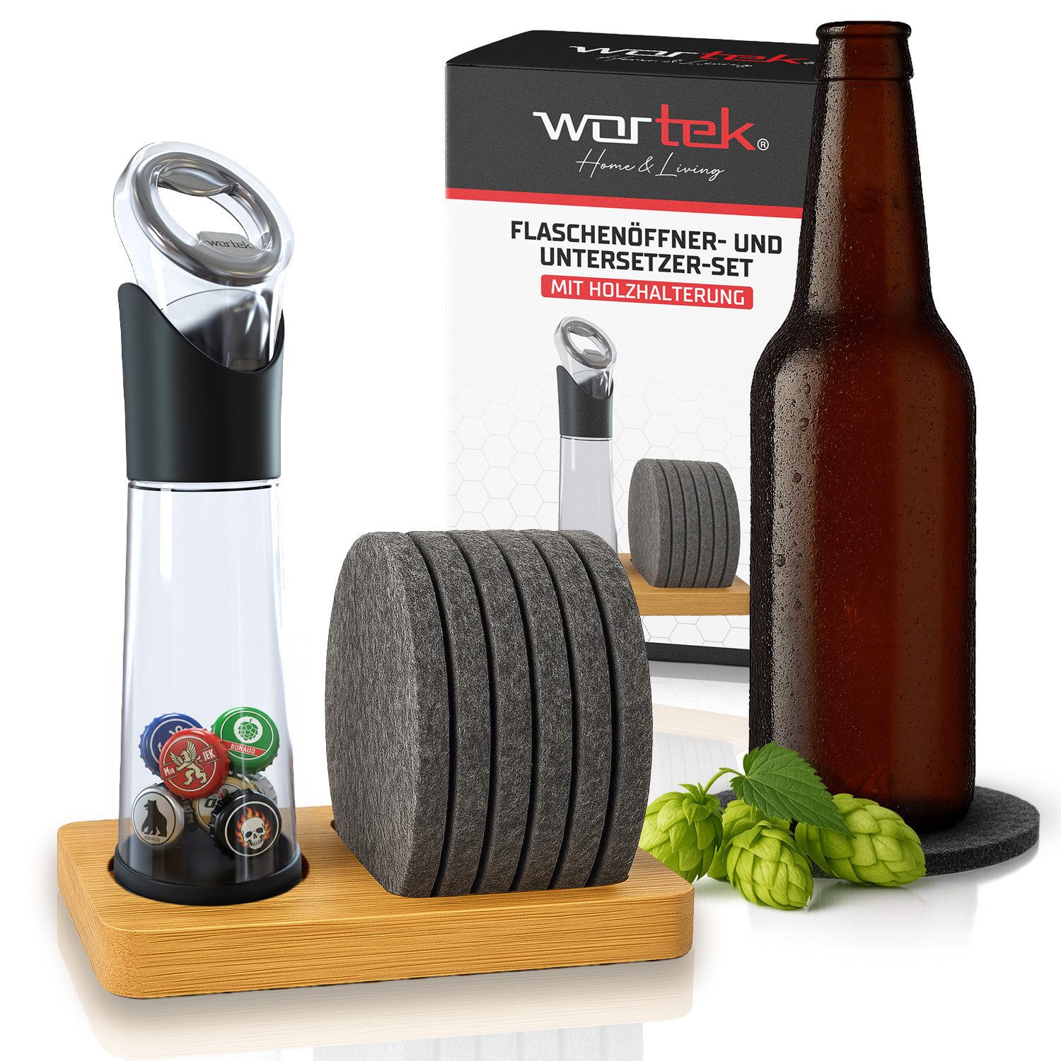 wortek Flaschenöffner Getränkeöffner mit Auffangbehälter Bieröffner (Set, 2-tlg., Flaschenöffner mit Kronkorken Sammler), Geschenk für Männer und Bierliebhaber Biergeschenk