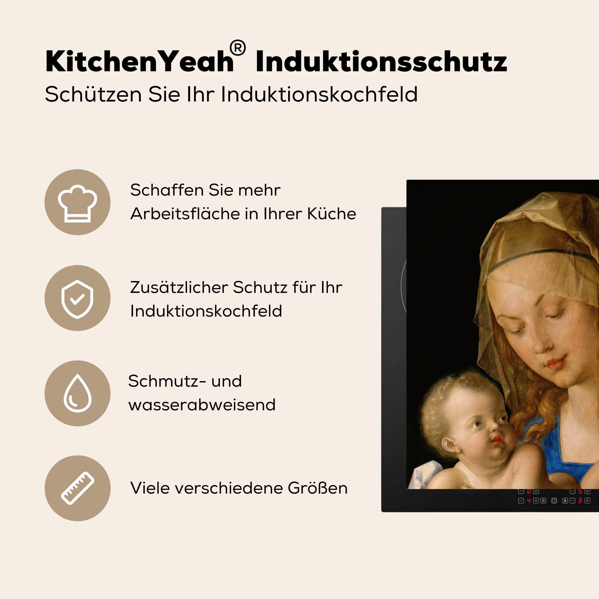 Arbeitsplatte - (1 Vinyl, Dürer, tlg), Herdblende-/Abdeckplatte Kind mit Jungfrau MuchoWow cm, Albrecht küche 78x78 Ceranfeldabdeckung, für
