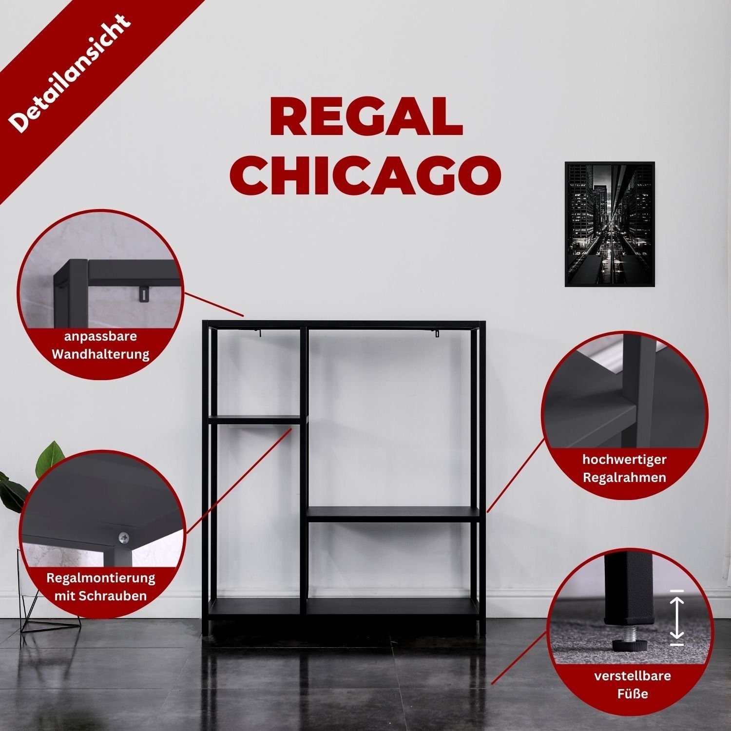 langlebig Chicago elegant Fächern - Regal, Schwarz Metall Coemo mit & aus 3