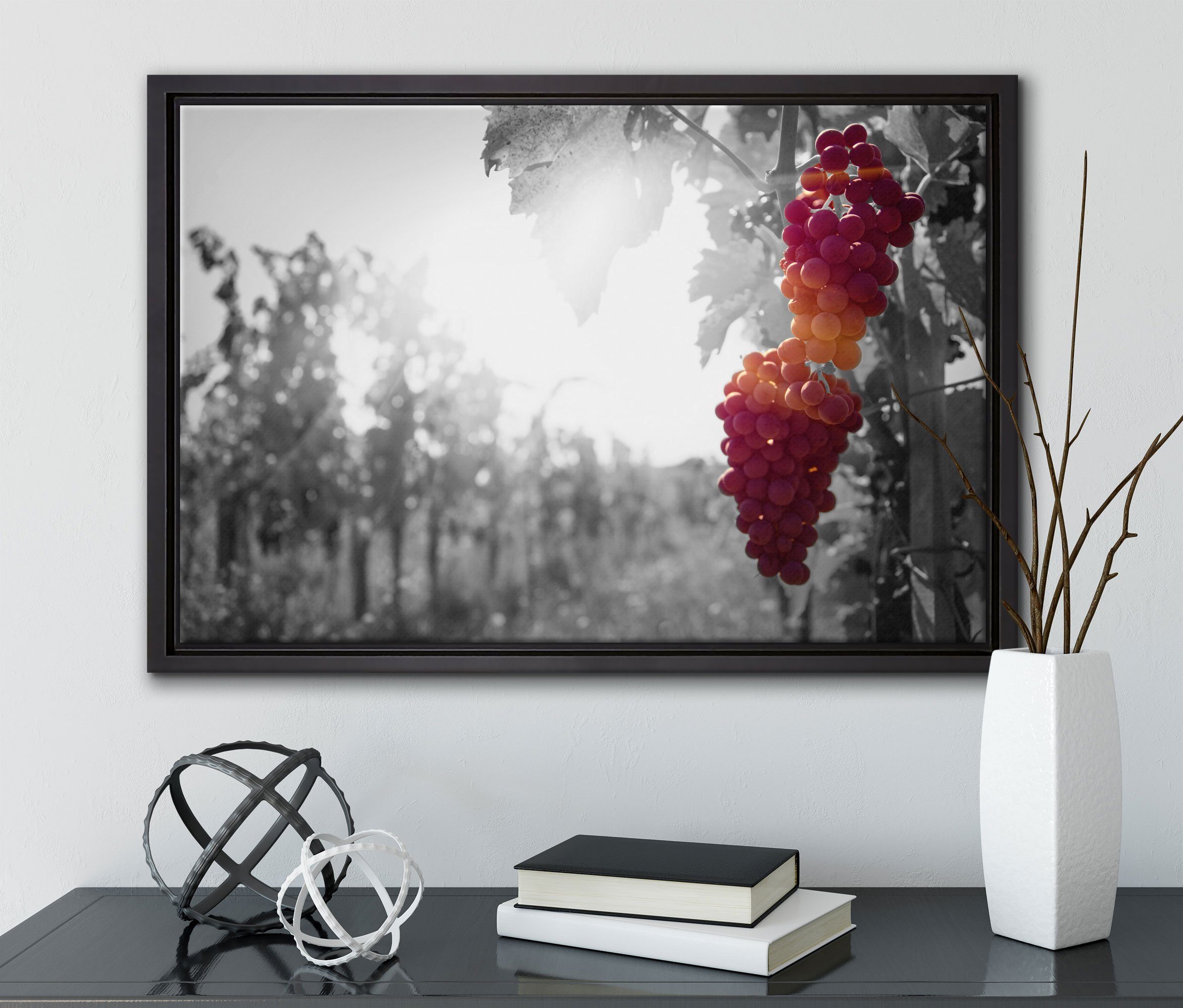 Pixxprint Leinwandbild wunderschöne Weintrauben an Rebe, Leinwandbild Wanddekoration St), fertig inkl. einem Zackenaufhänger (1 gefasst, bespannt, in Schattenfugen-Bilderrahmen