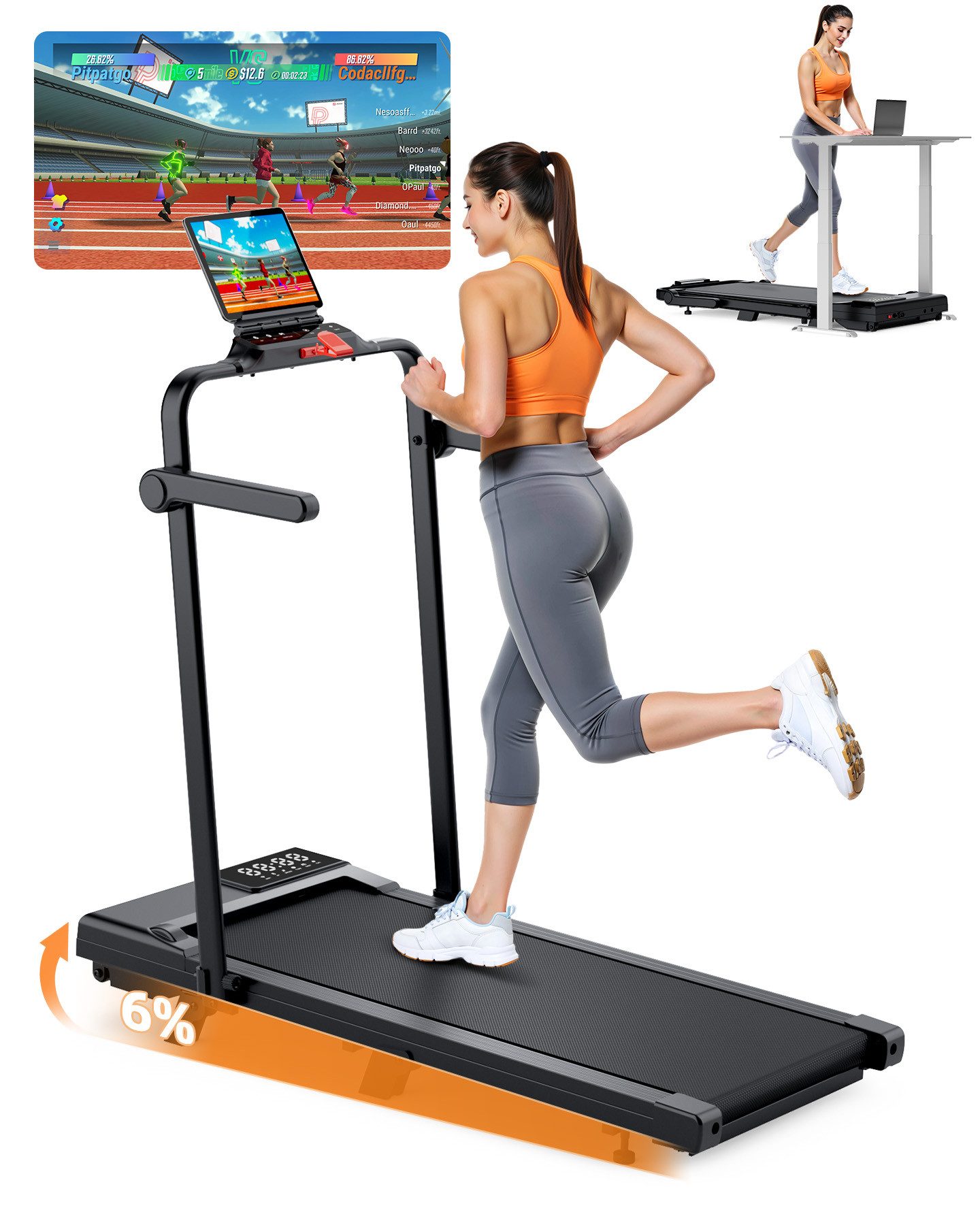 SUPERUN Laufband 6-in-1 Laufband für Zuhause mit Handgriffen, 1–12 km/h, 6 % Neigung, 2-in-1-Funktion für flexibles Training, Klappbar