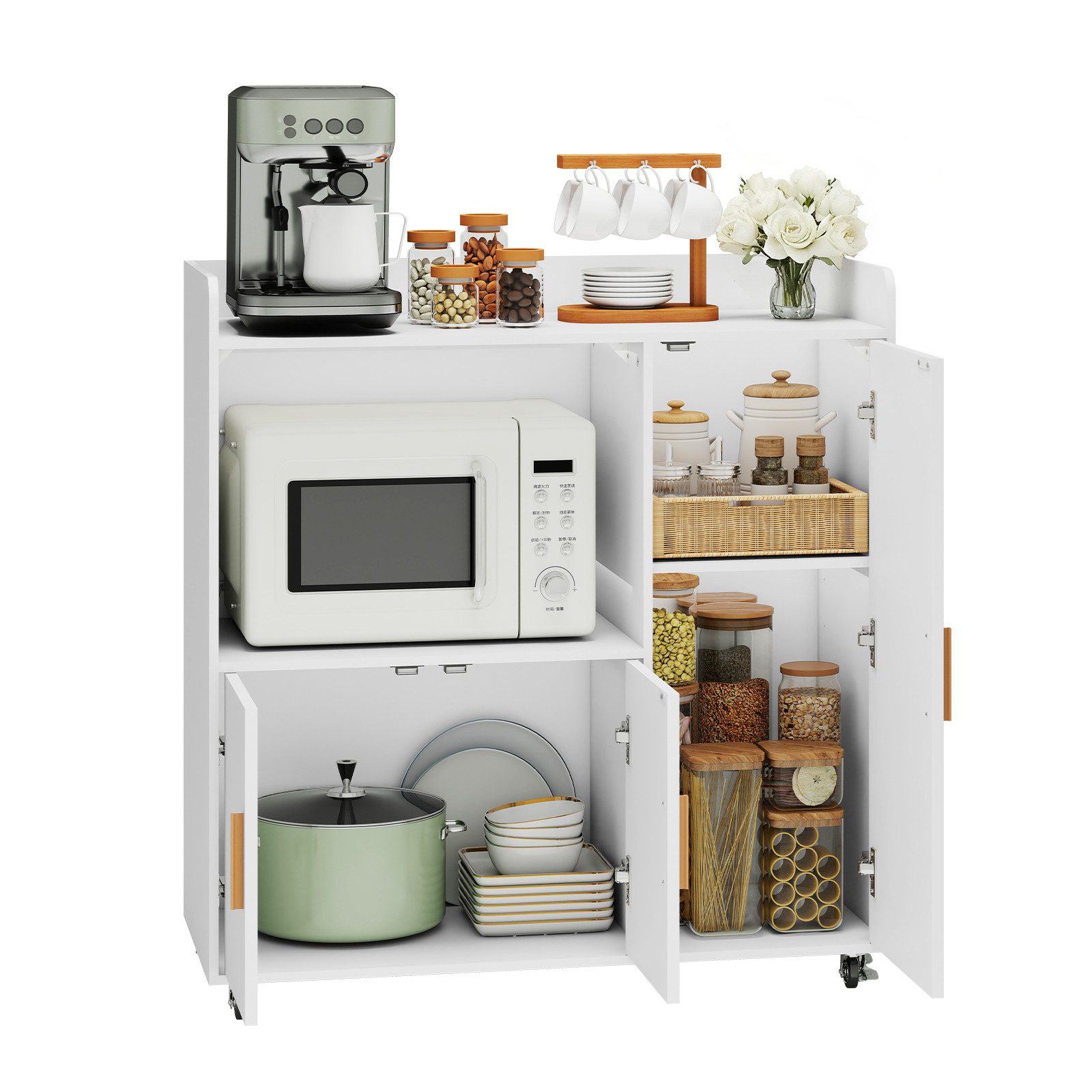 Puluomis Küchenwagen Servierwagen Buffet mit Mikrowellenablage, Rollen mit Bremsen 90x40x97, Küchentrolley Küchekommode Küchenschrank Sideboard, Barwagen