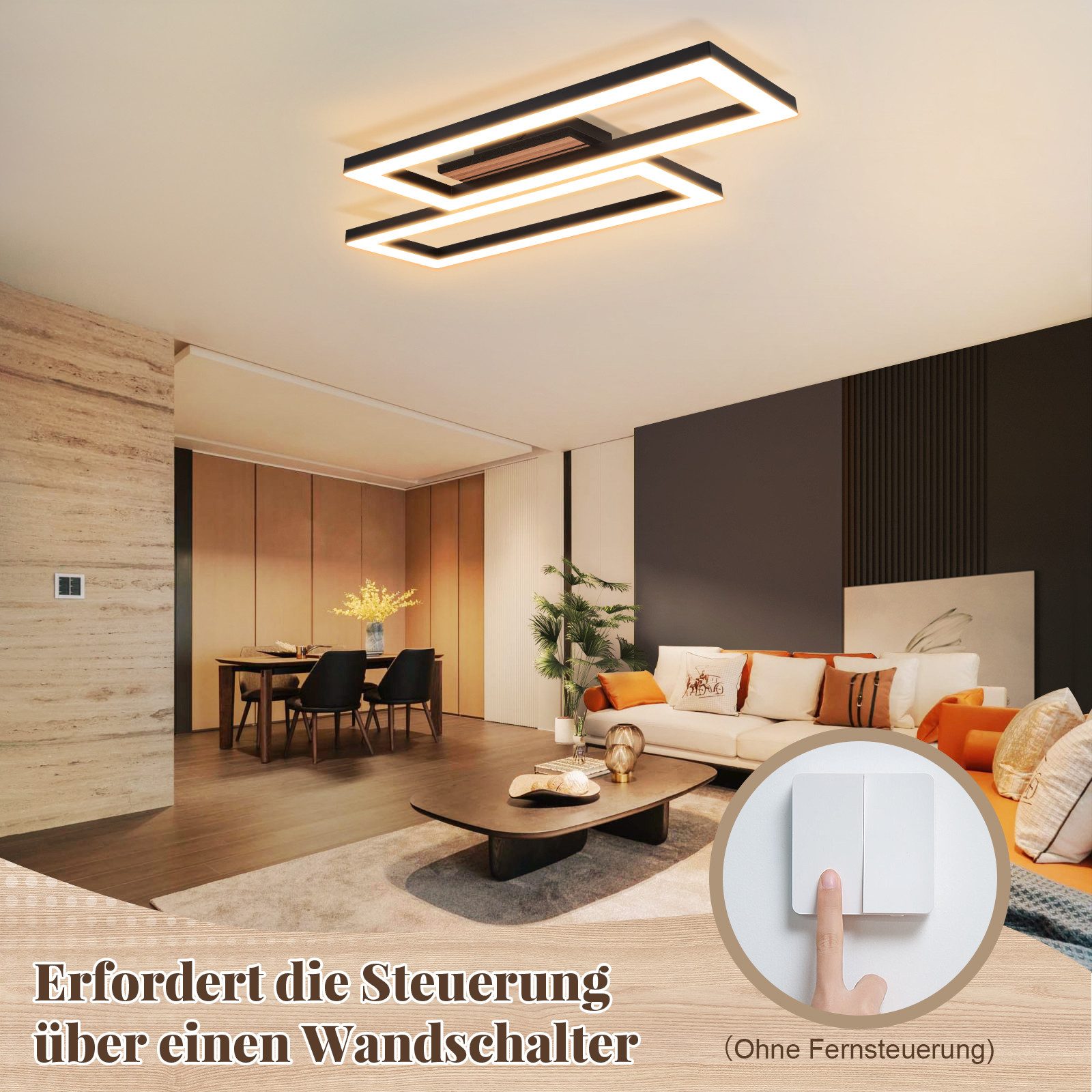 Nettlife LED Deckenleuchte Retro schwarz 14/21W eckig 3000K Warmweiß Design lampe Holz, LED fest integriert, für Küche Schlafzimmer Flur Wohnzimmer Bürolampe Zu – Bild 5 von 5