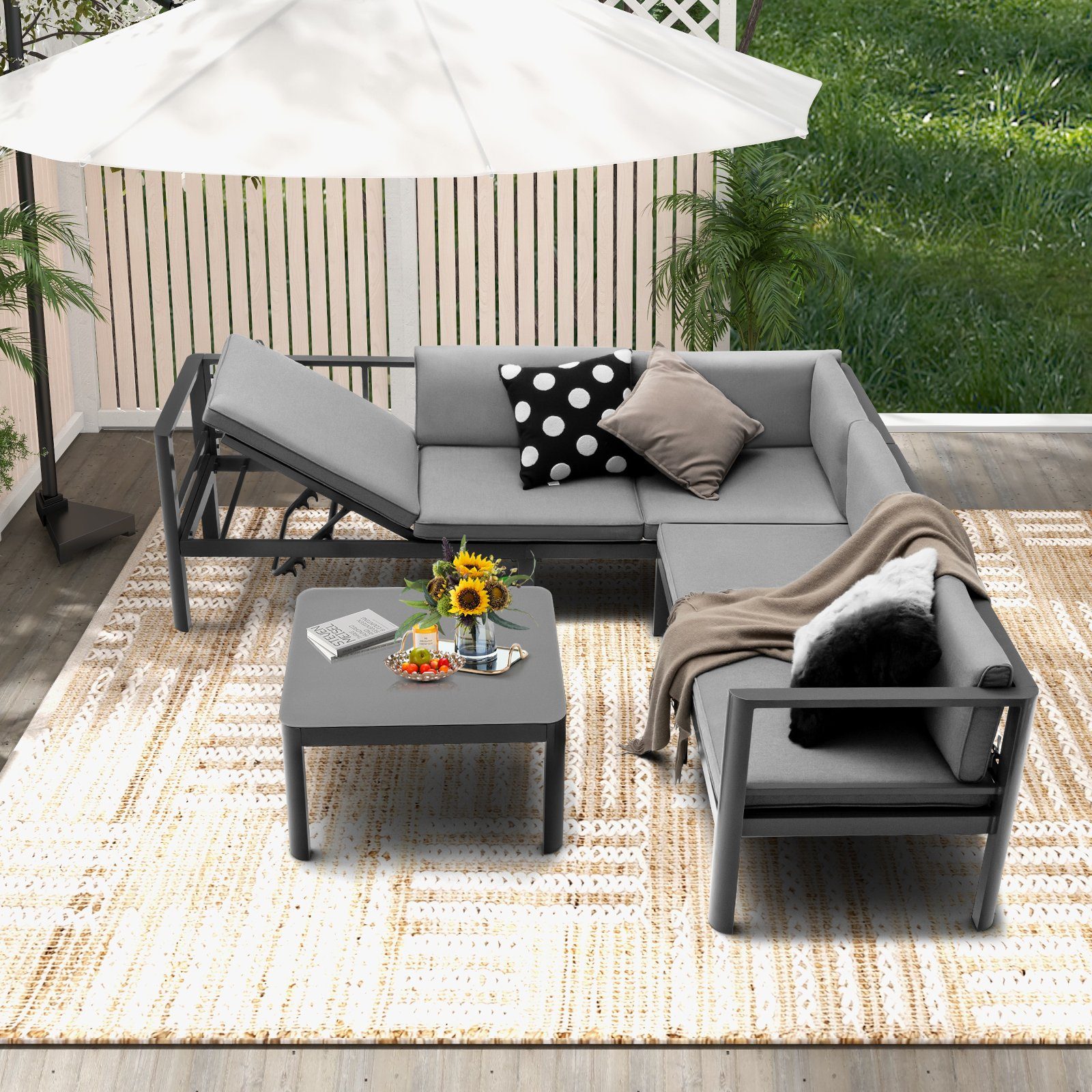 COSTWAY Gartenlounge-Set, für 4-5 Personen, mit Tisch, Sitzkissen, aus Alu