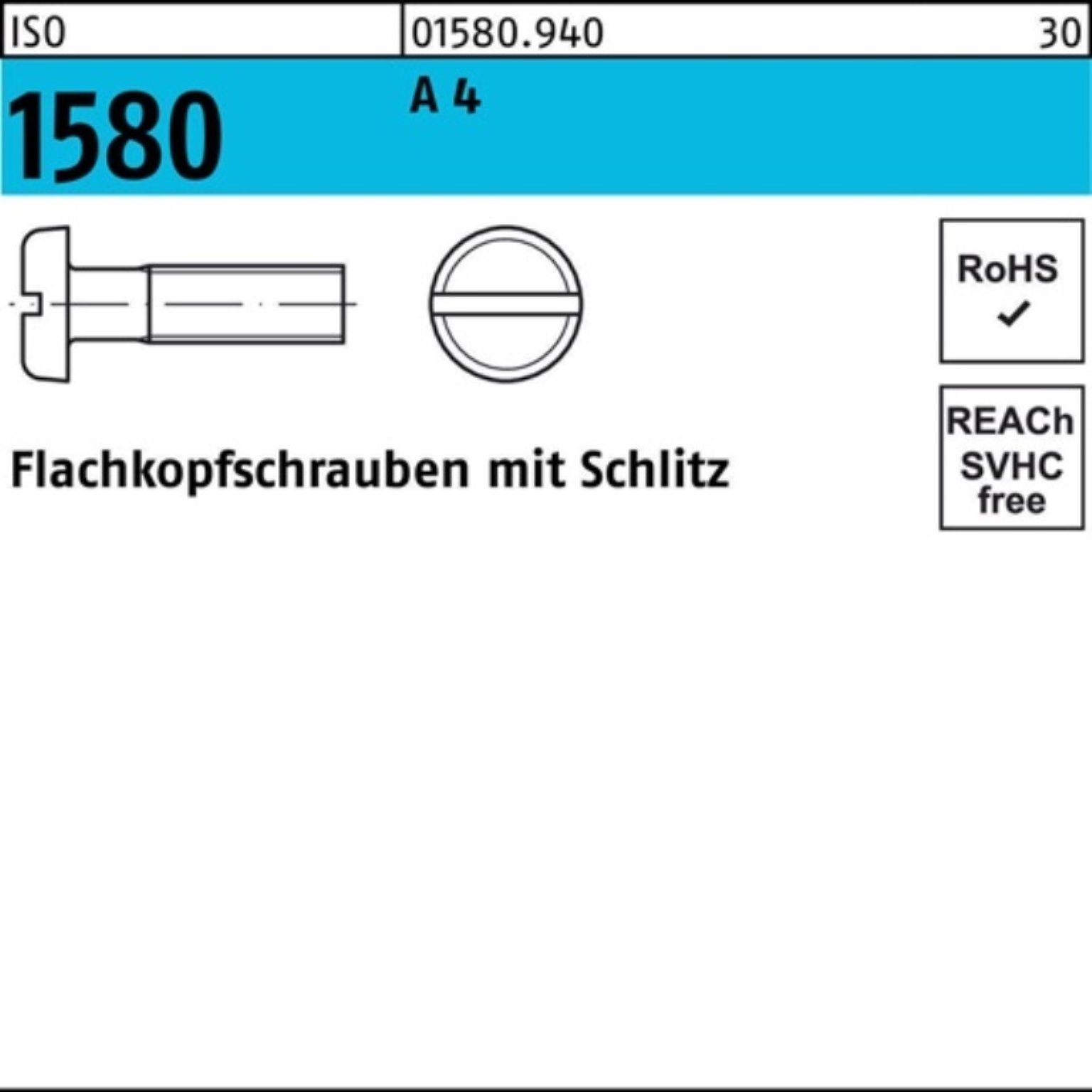 Pack M4x Reyher Flachkopfschraube 100 100er Schlitz 40 Schraube 1580 A ISO IS 4 Stück