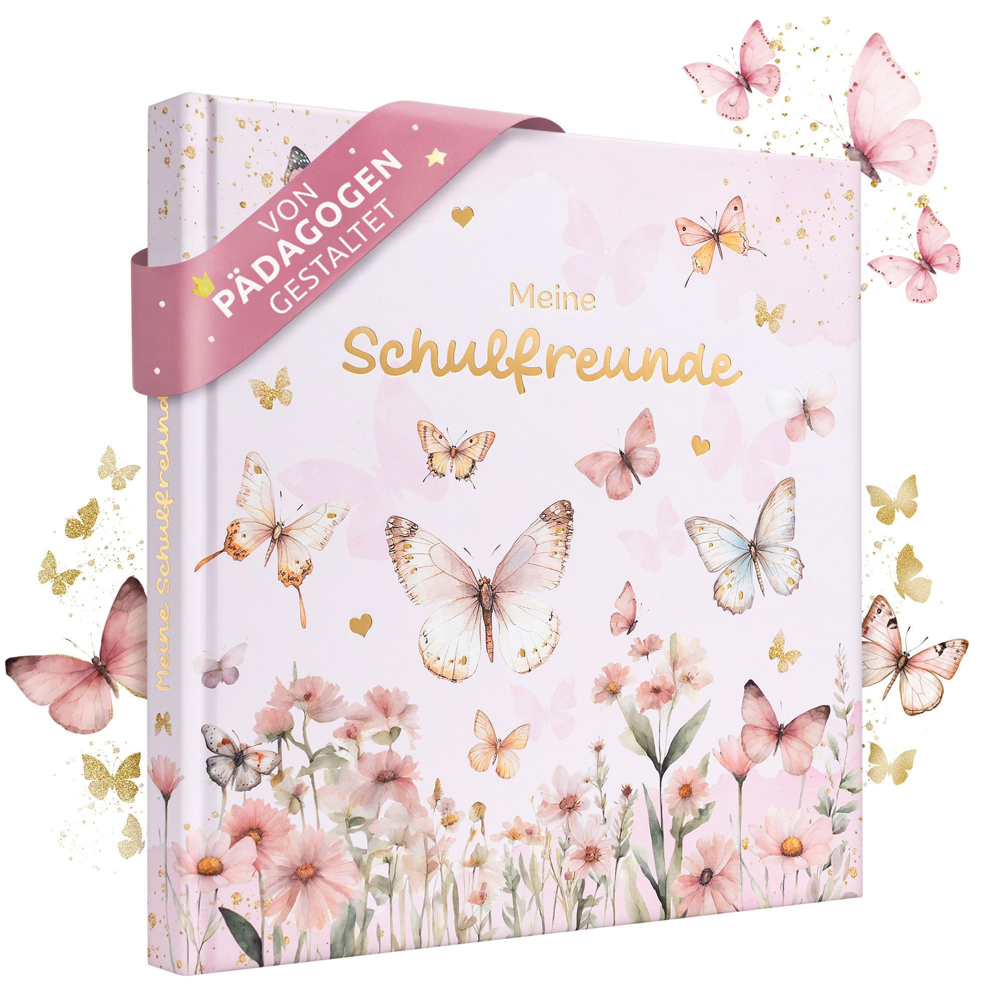 Eulentaler Freundebuch für Mädchen (Schule) I von Pädagogen gestaltet, Schmetterlinge, Blumen & Goldprägung, Geschenk für Schulkinder